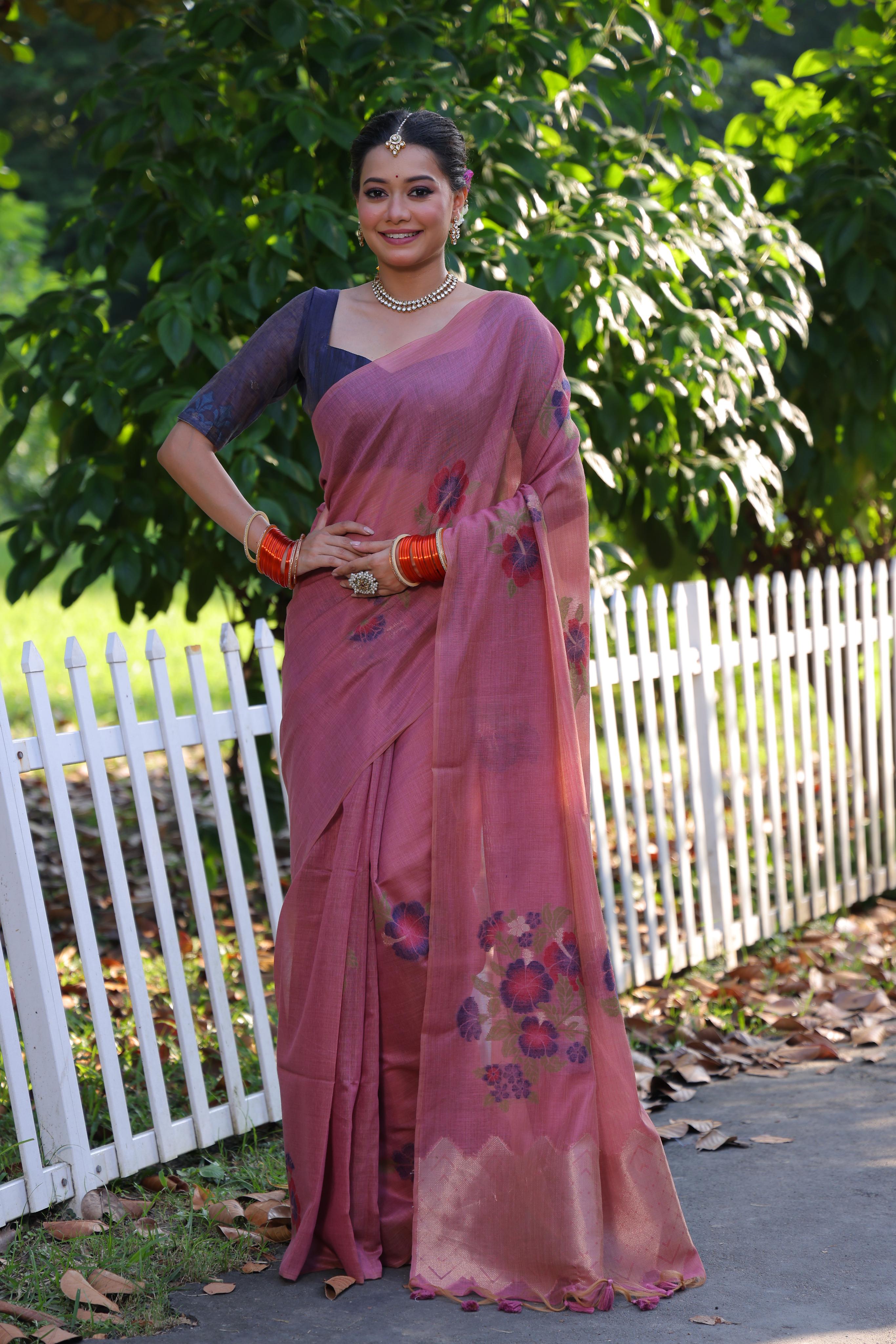Muga Cotton Flower Pattern Saree - PINK