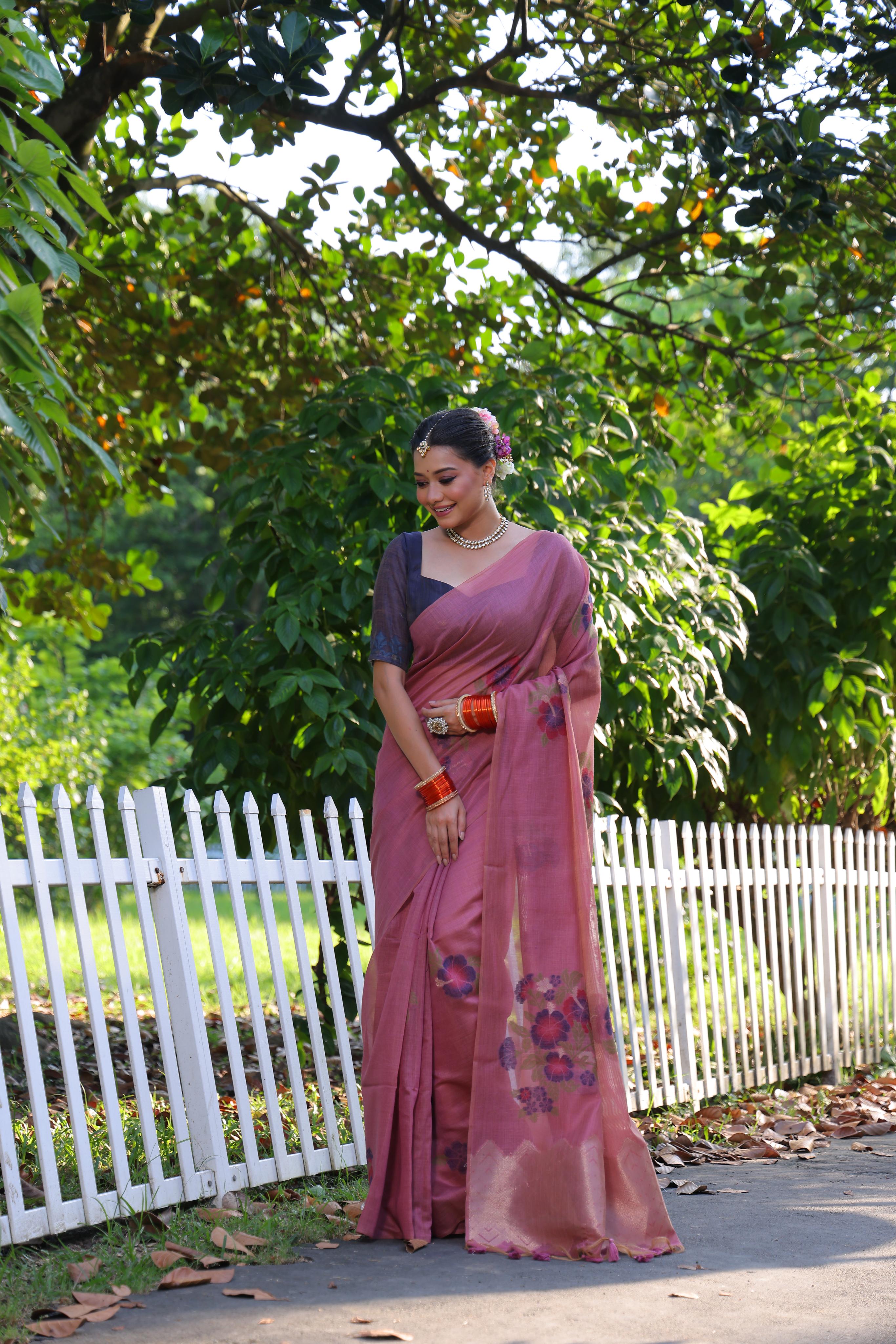 Muga Cotton Flower Pattern Saree - PINK