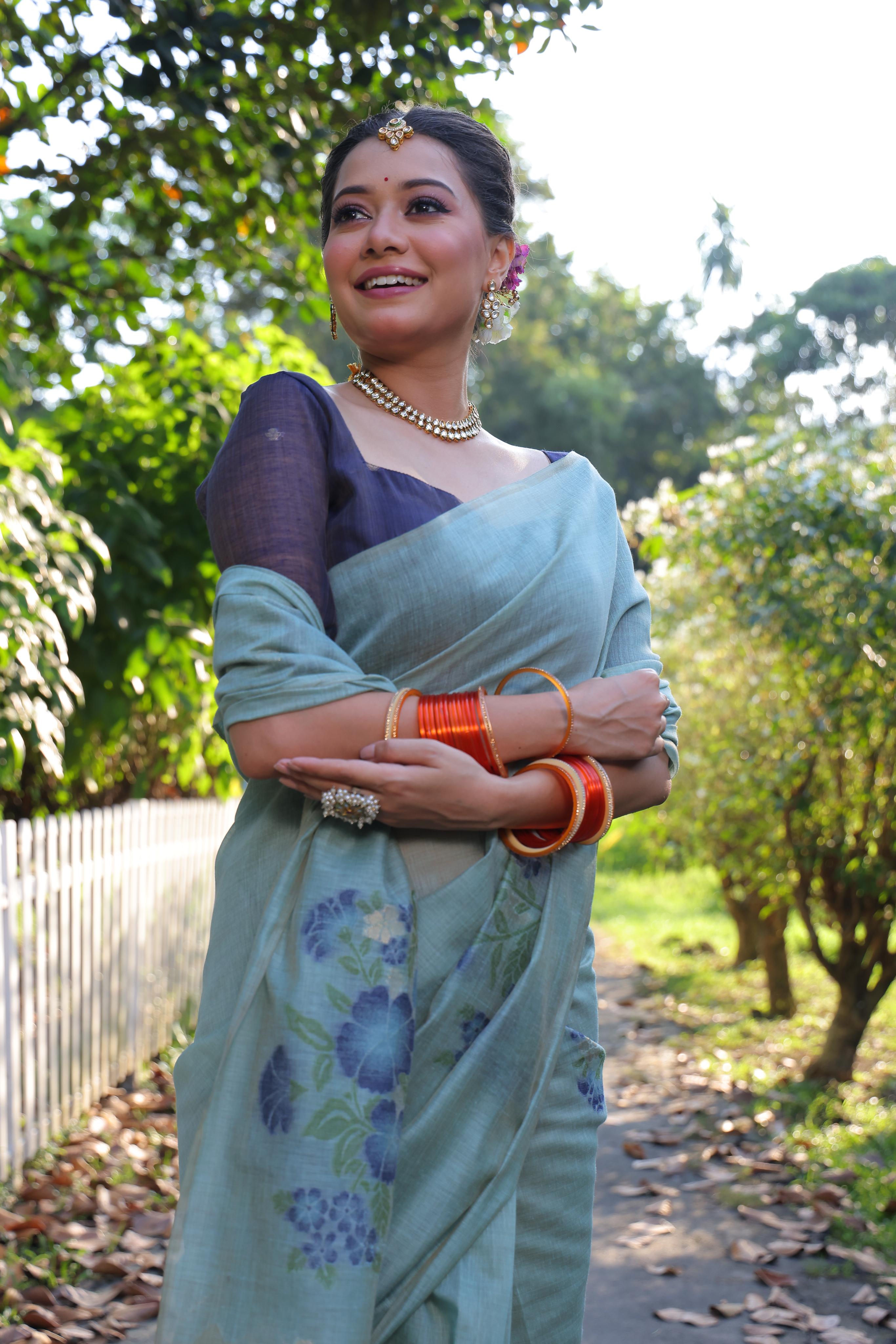 Muga Cotton Flower Pattern Saree - FIROZI