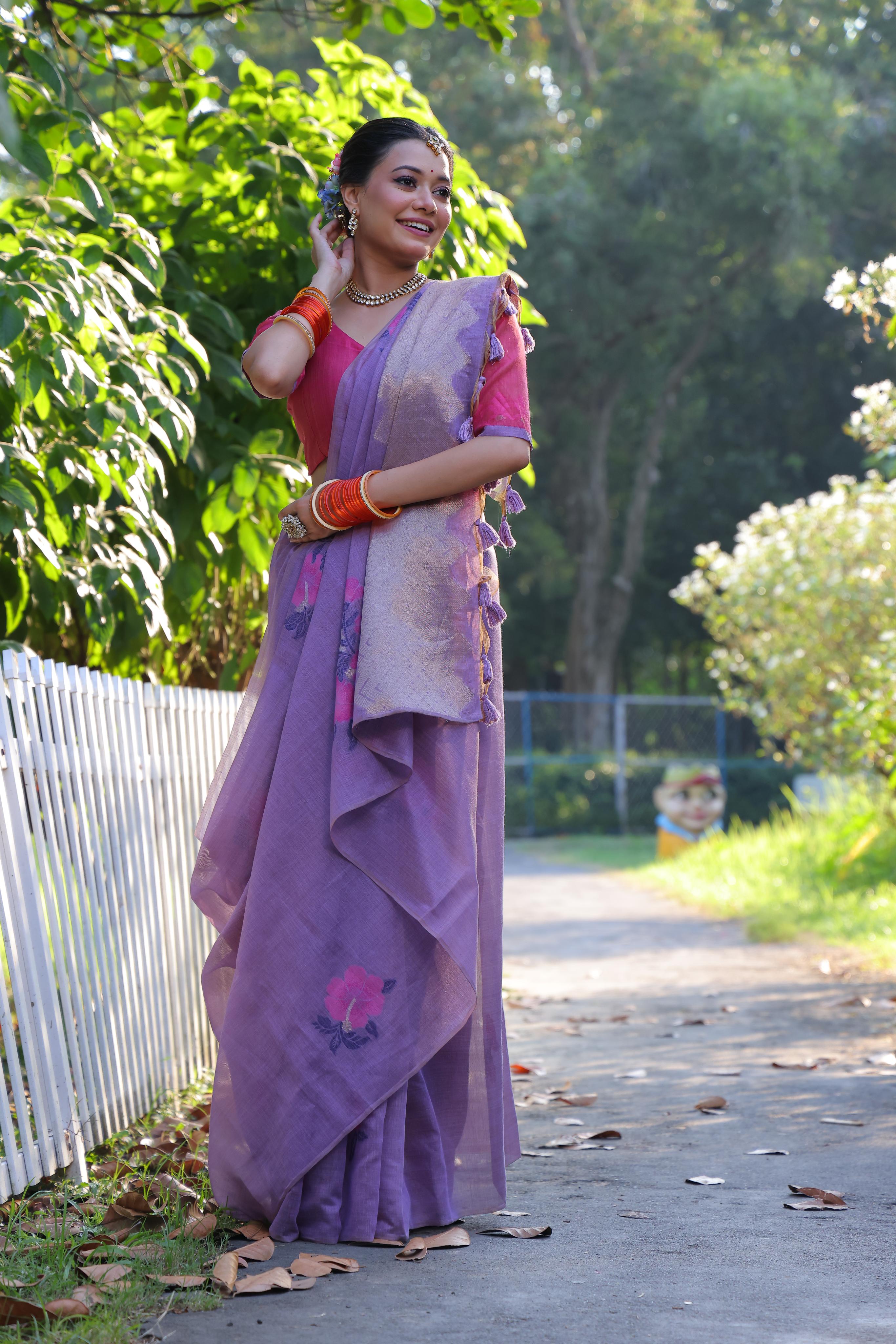 Muga Cotton Flower Pattern Saree - PURPLE