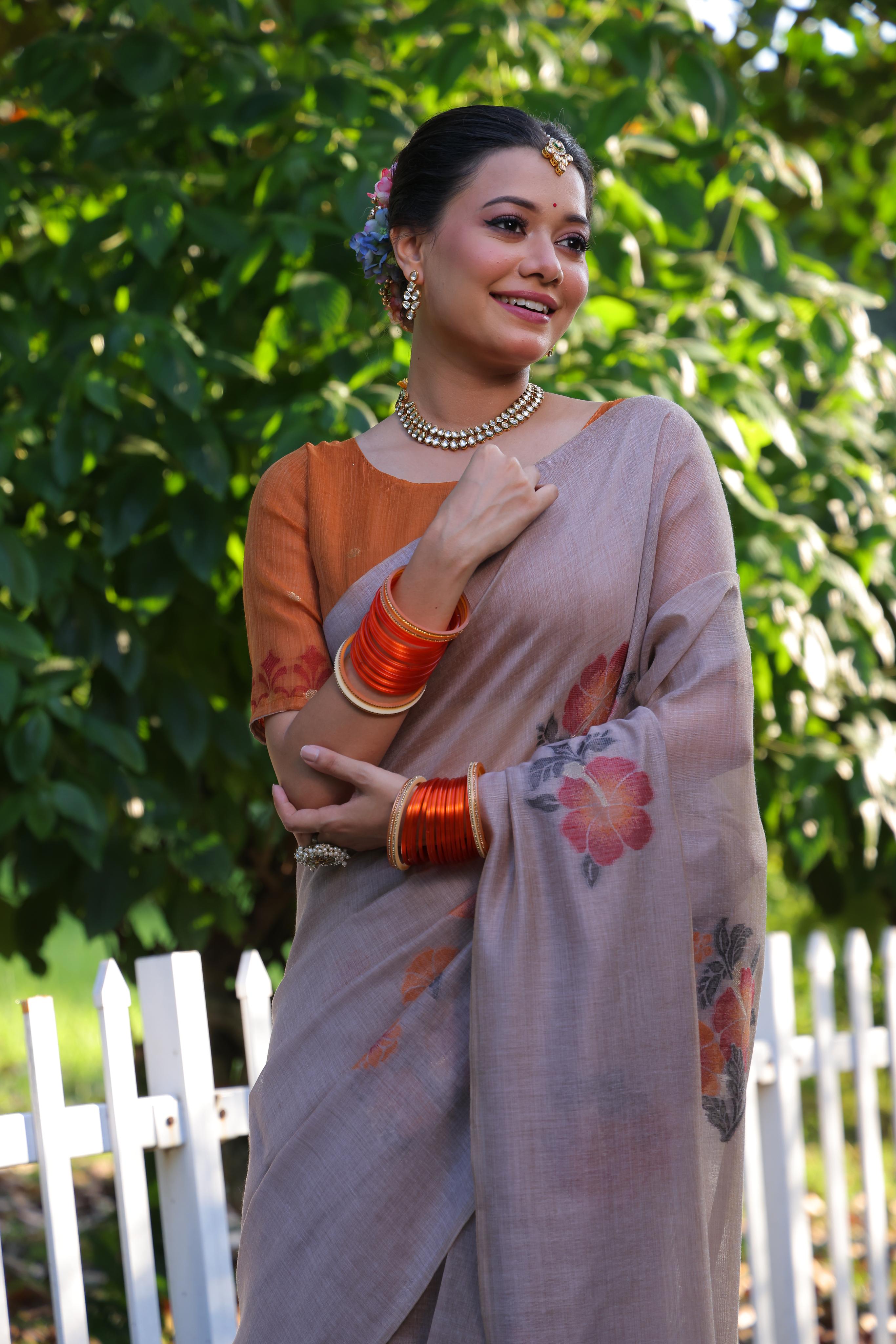 Muga Cotton Flower Pattern Saree - CHIKU