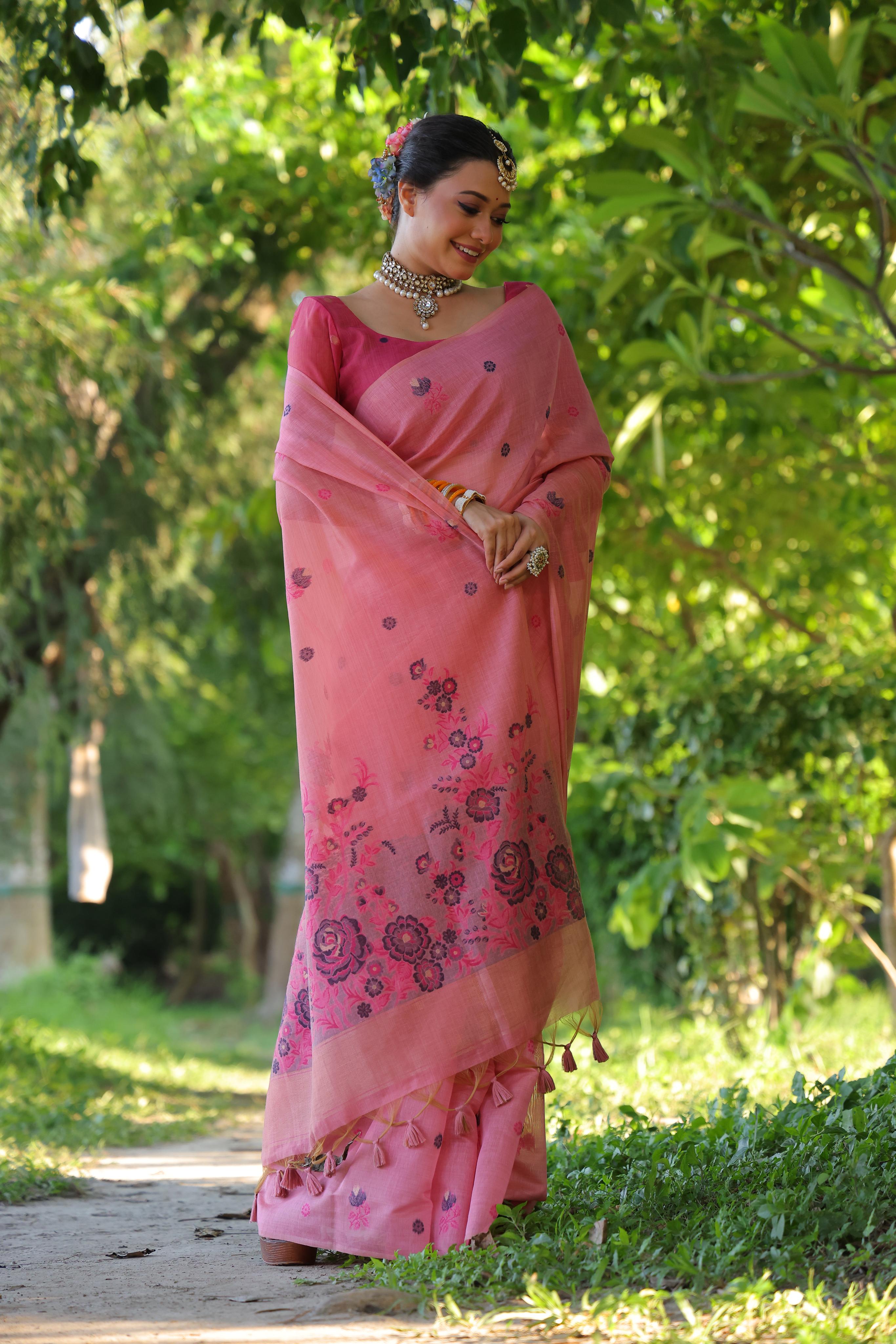 Flower Pattern With Muga Cotton Saree - PINK