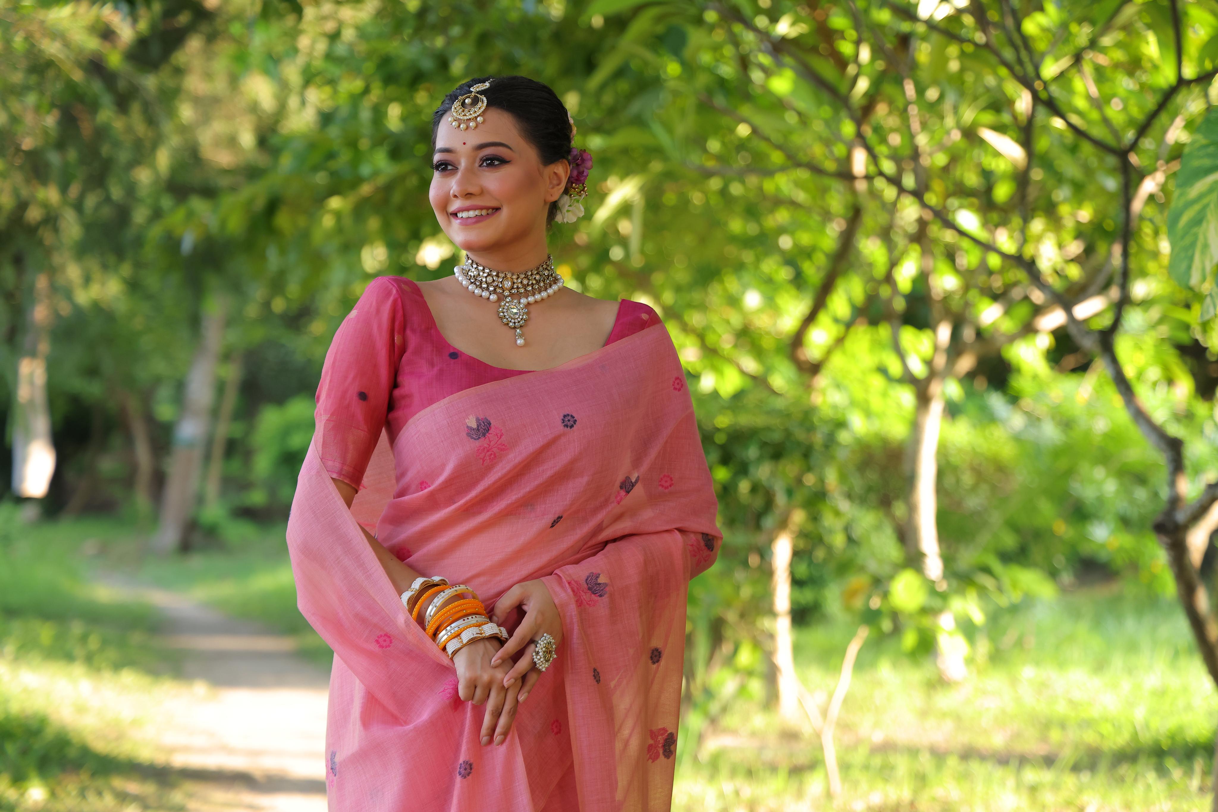 Flower Pattern With Muga Cotton Saree - PINK