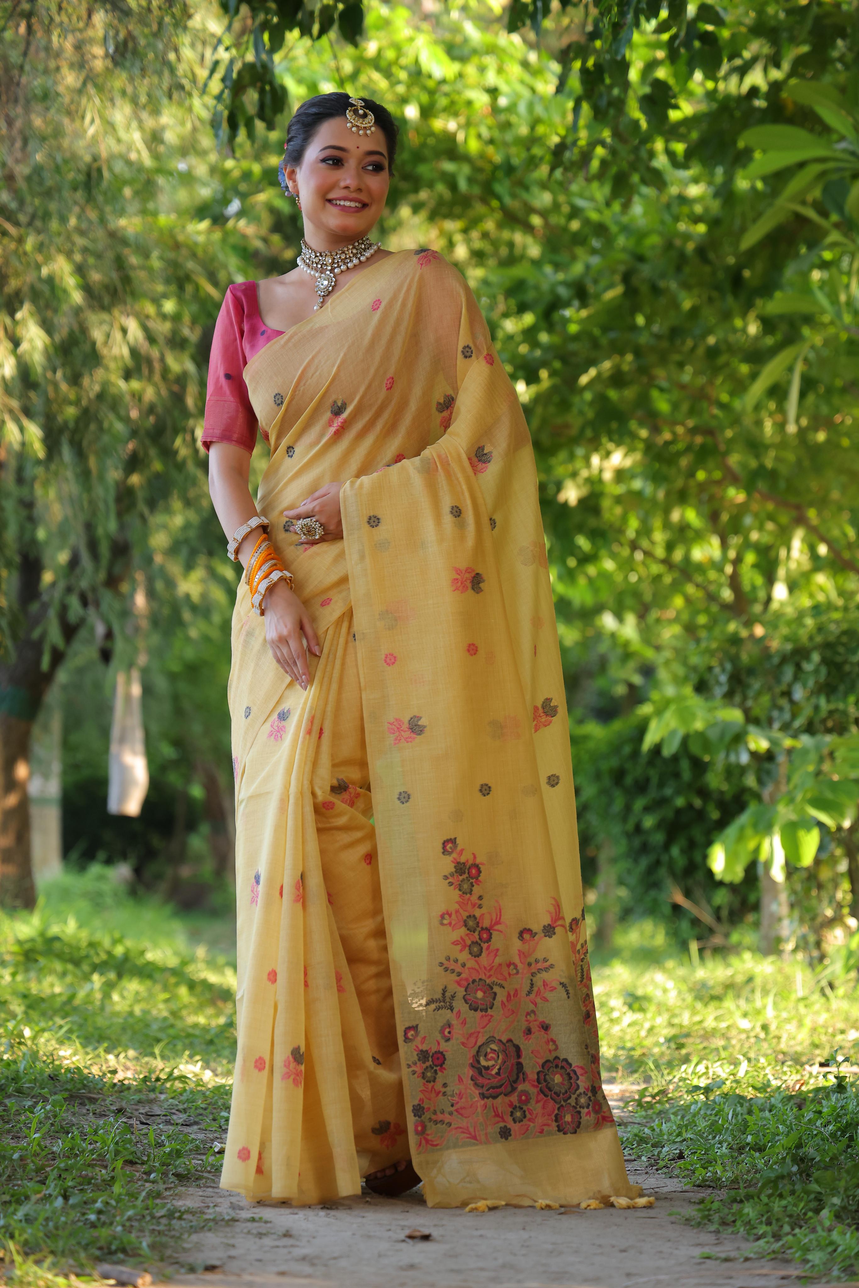 Flower Pattern With Muga Cotton Saree - YELLOW