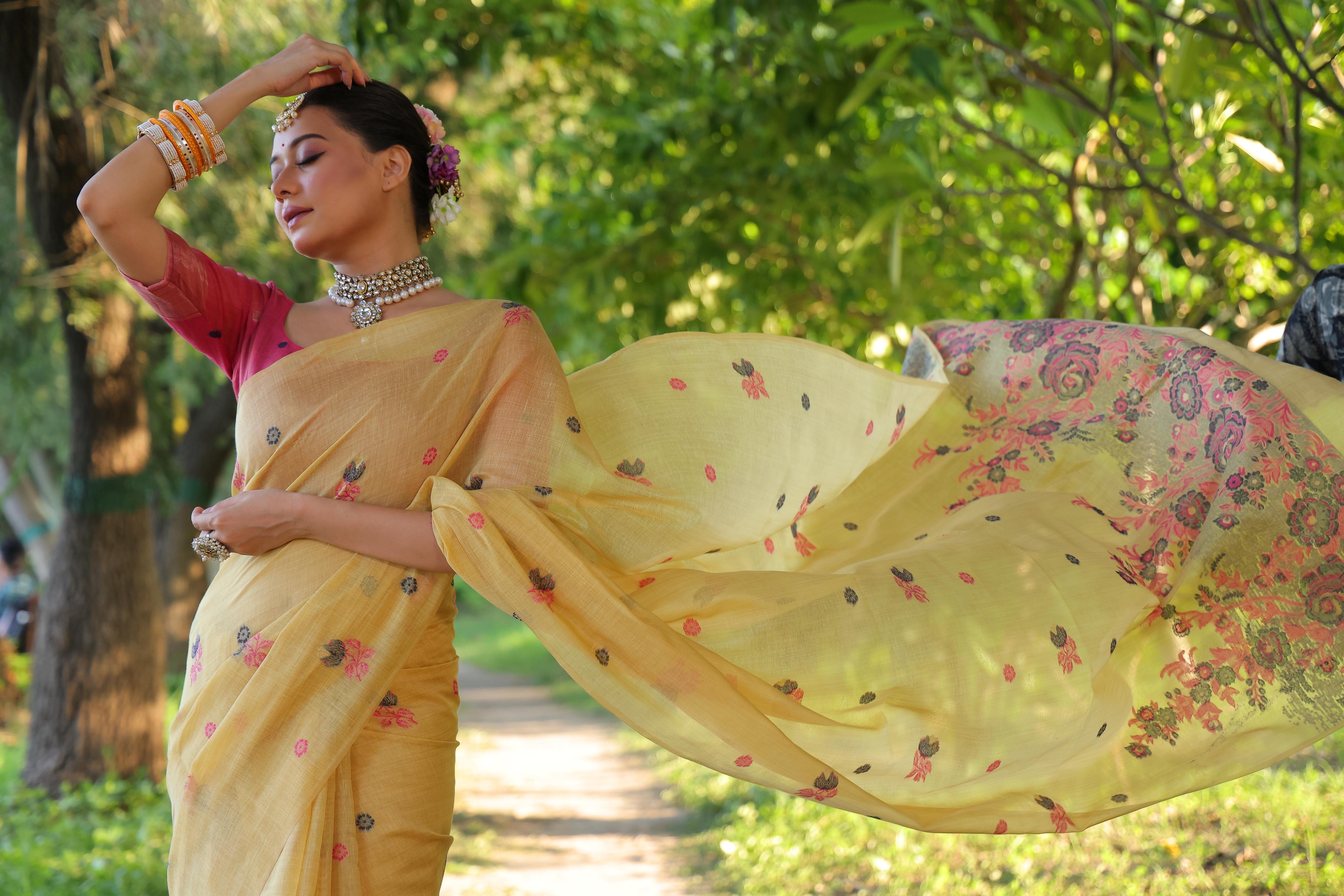 Flower Pattern With Muga Cotton Saree - YELLOW