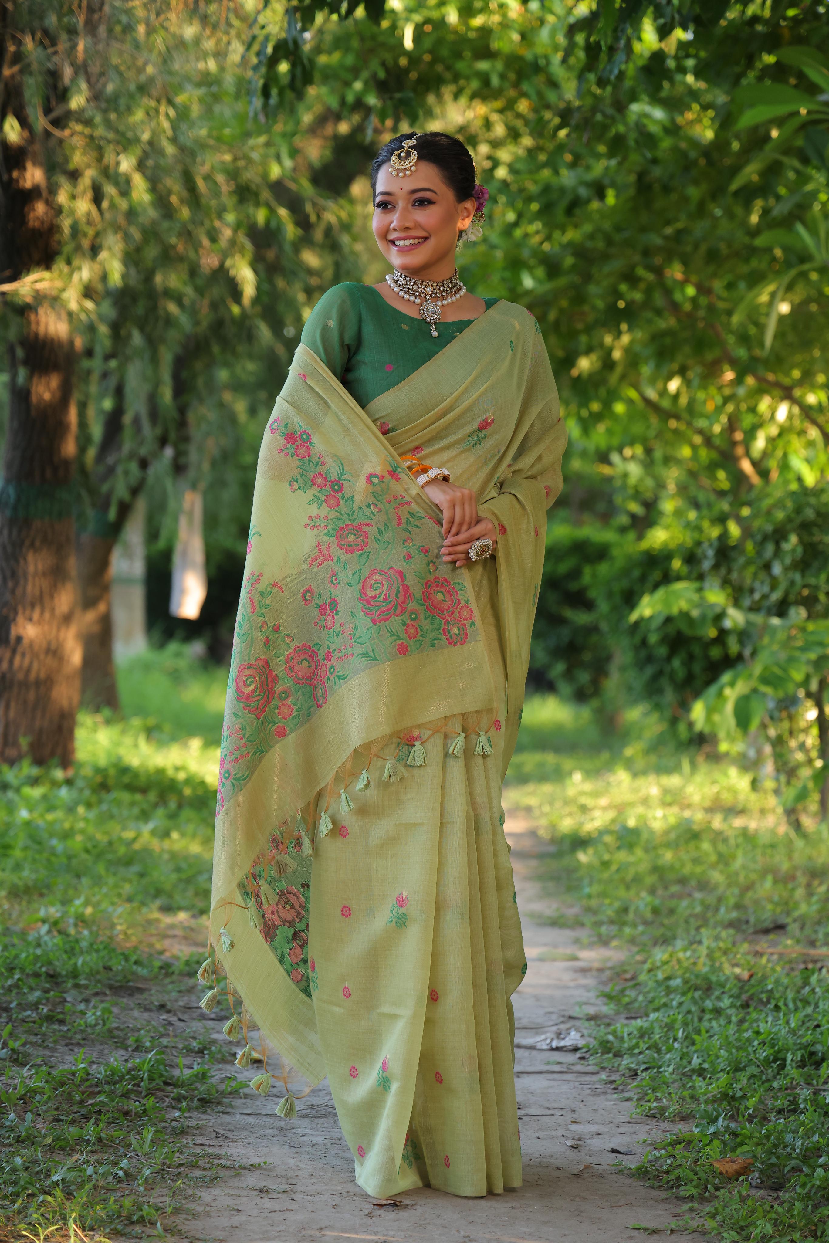 Flower Pattern With Muga Cotton Saree - PISTA