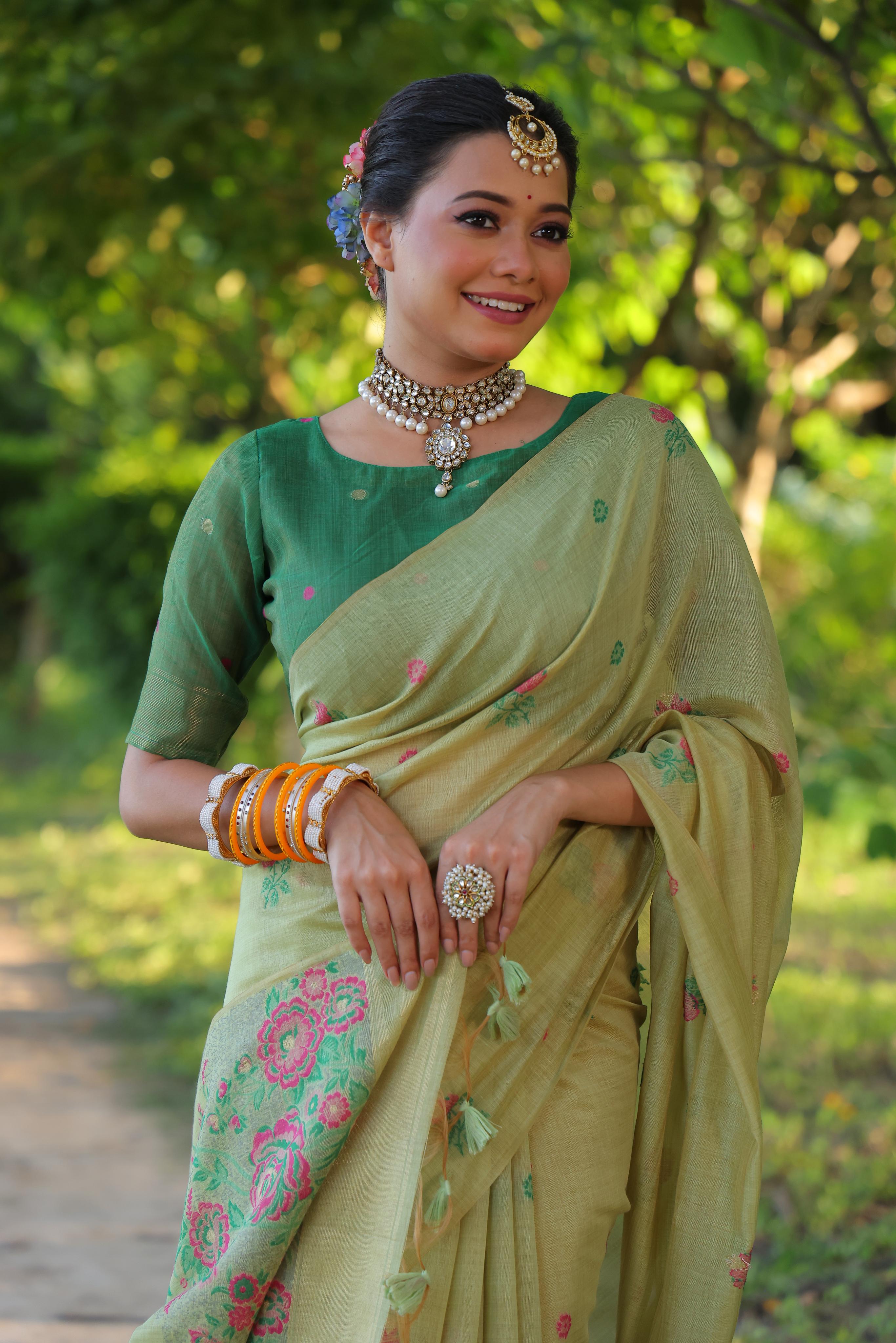 Flower Pattern With Muga Cotton Saree - PISTA