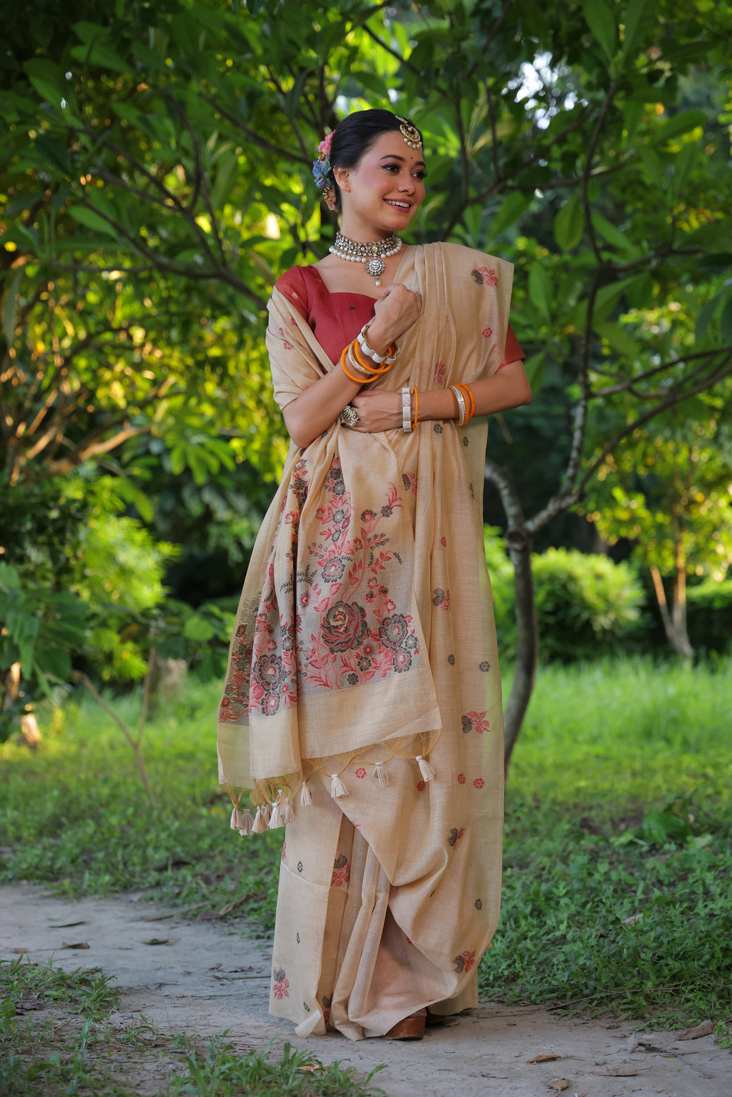 Flower Pattern With Muga Cotton Saree - CHIKU