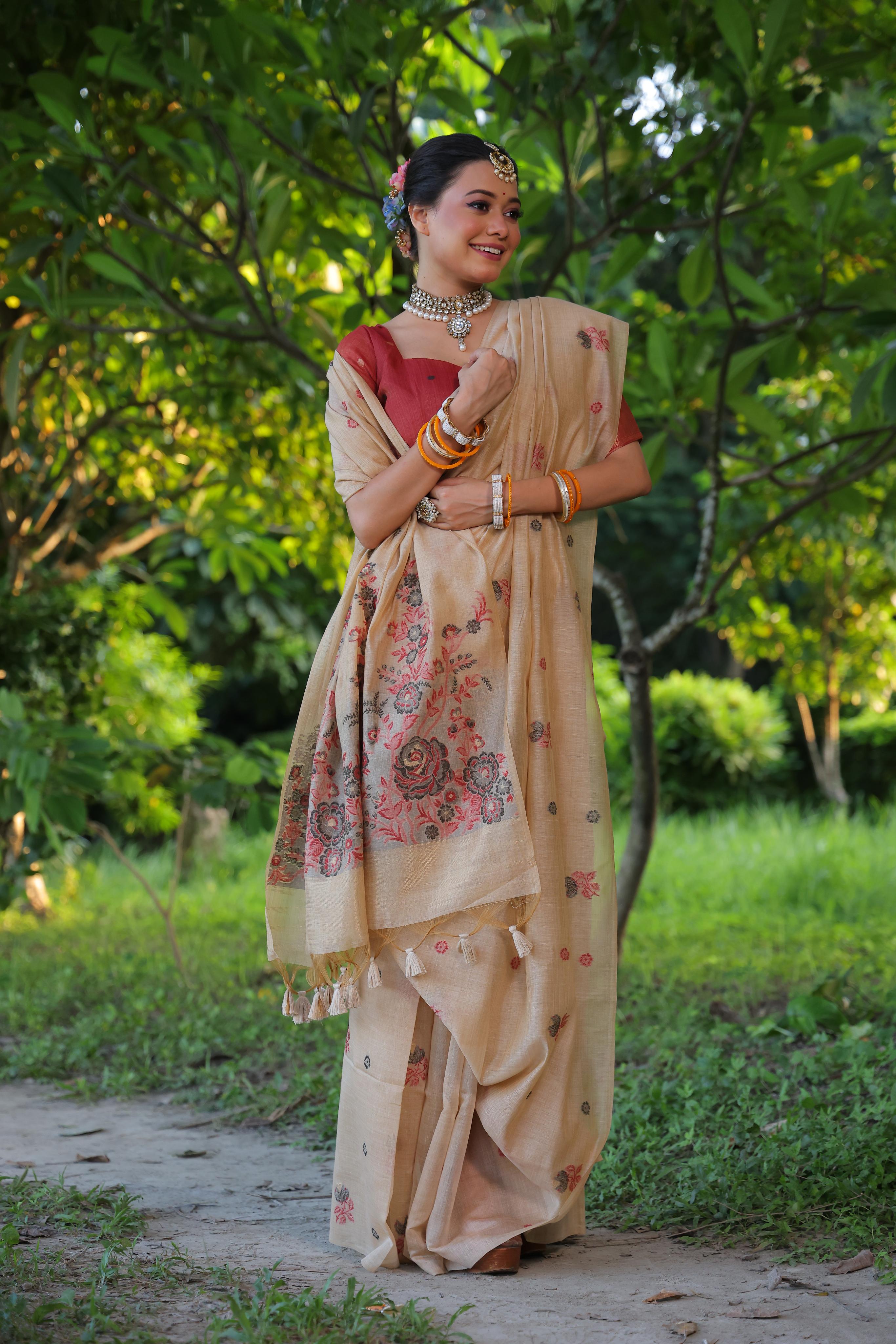 Flower Pattern With Muga Cotton Saree - CHIKU