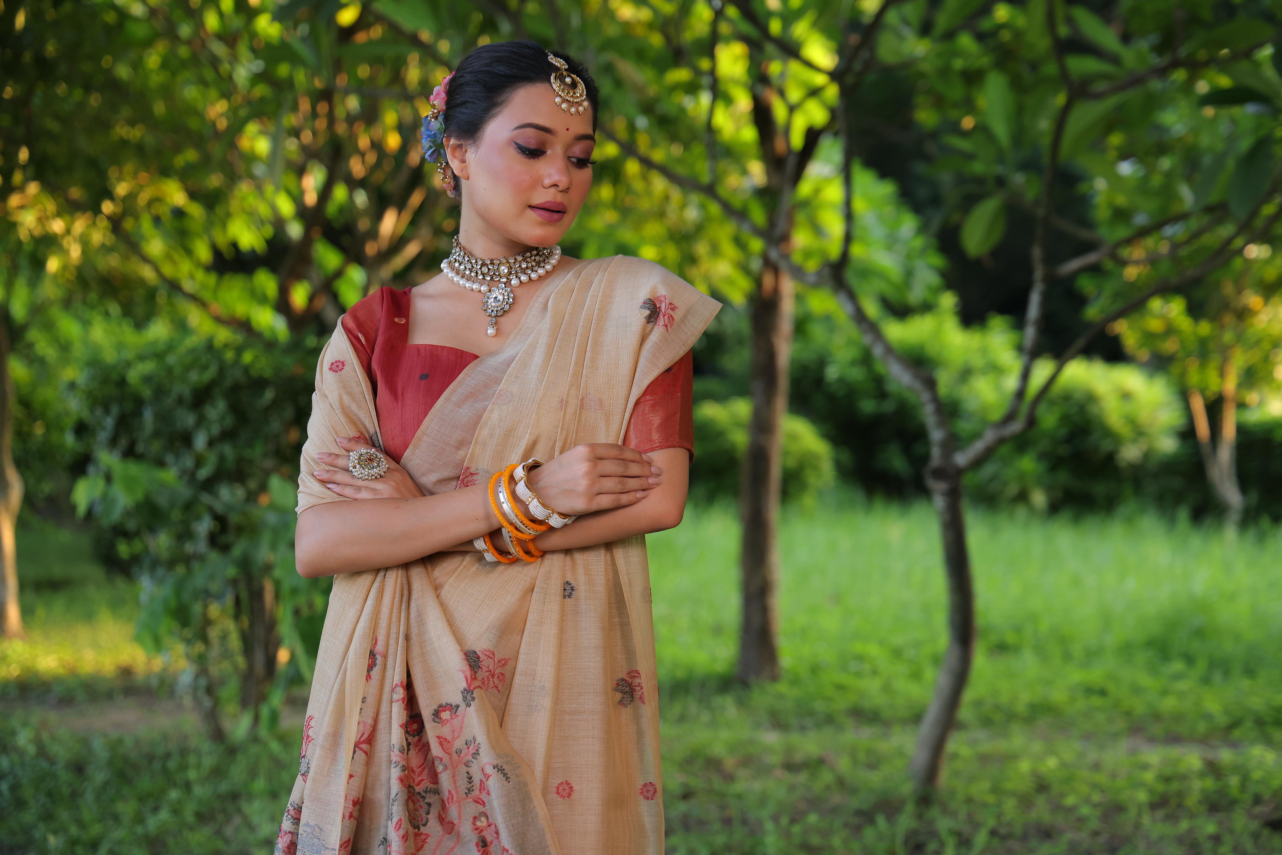 Flower Pattern With Muga Cotton Saree - CHIKU