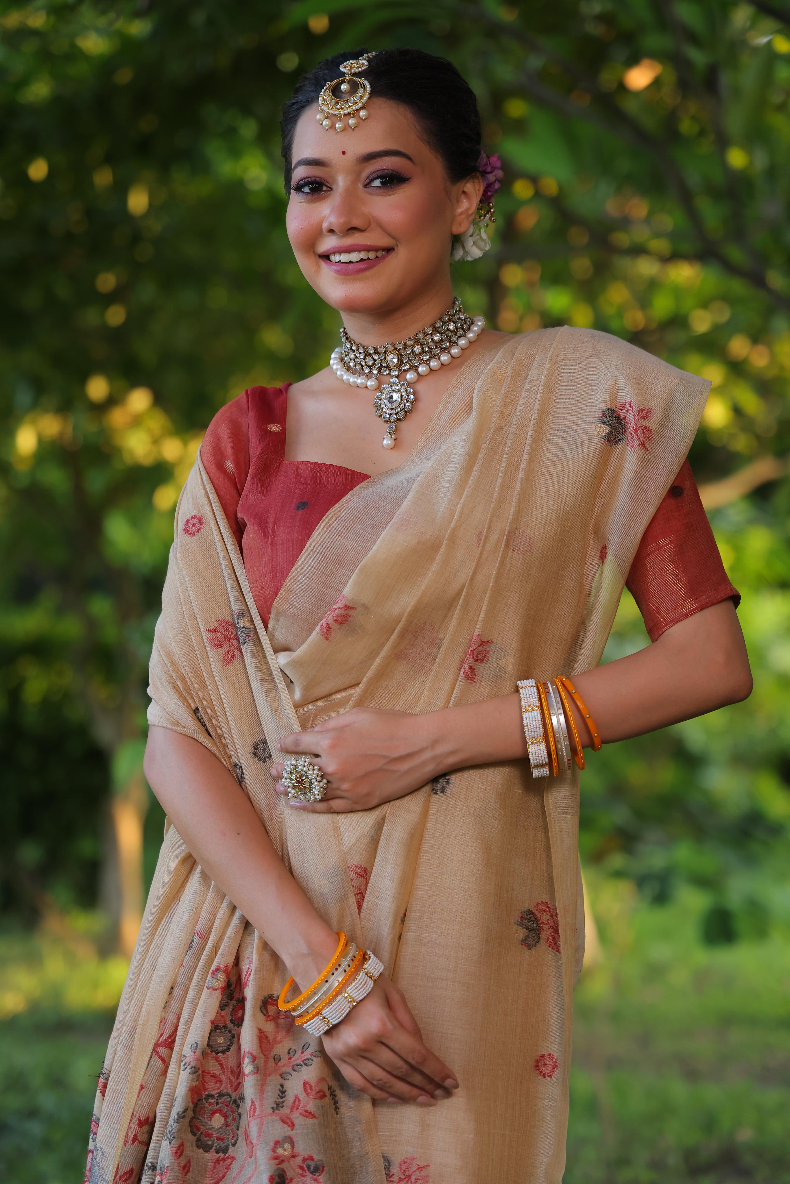 Flower Pattern With Muga Cotton Saree - CHIKU