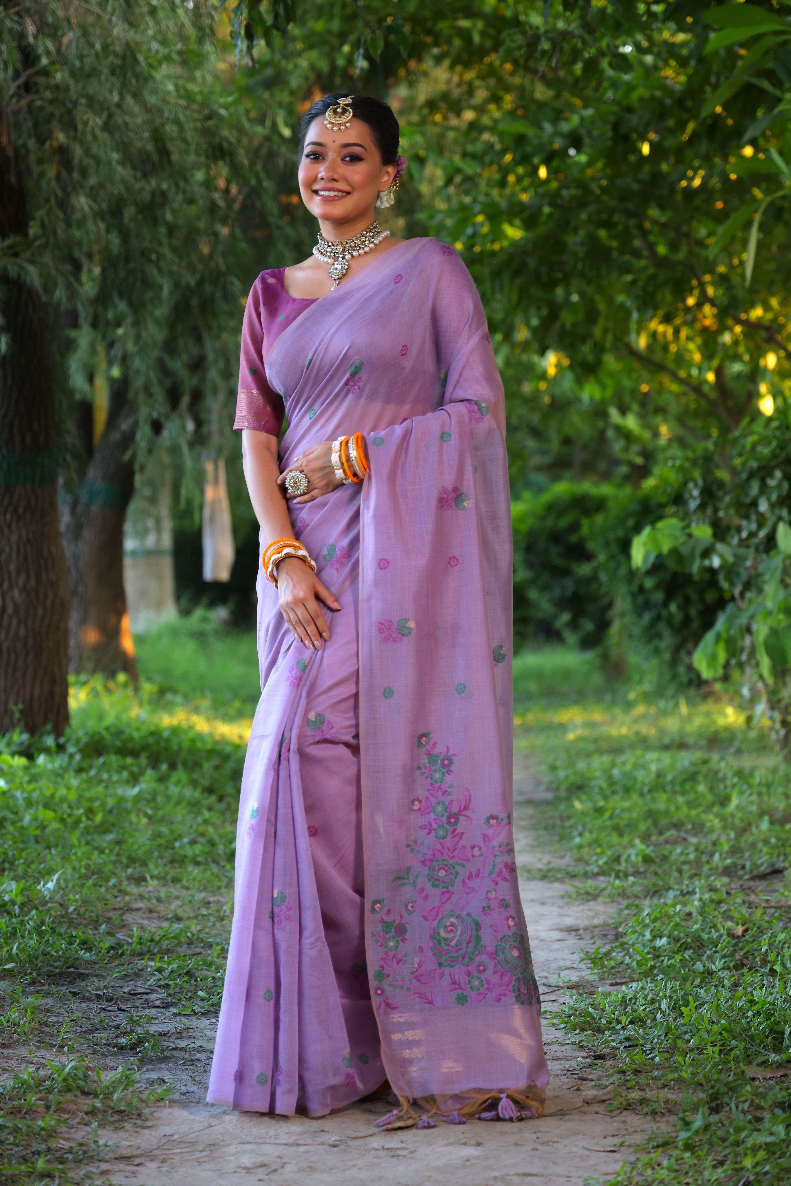 Flower Pattern With Muga Cotton Saree - PURPLE