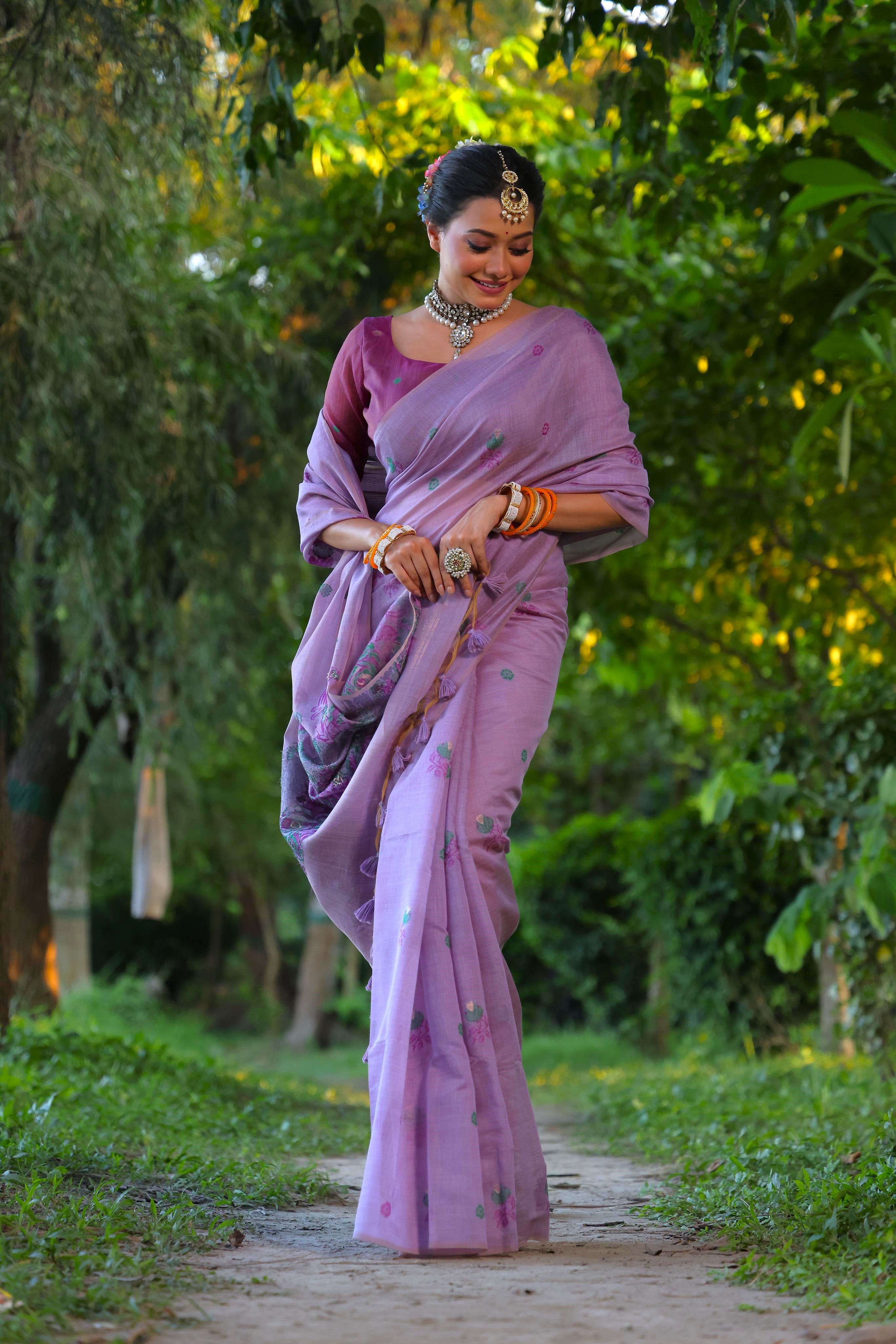 Flower Pattern With Muga Cotton Saree - PURPLE