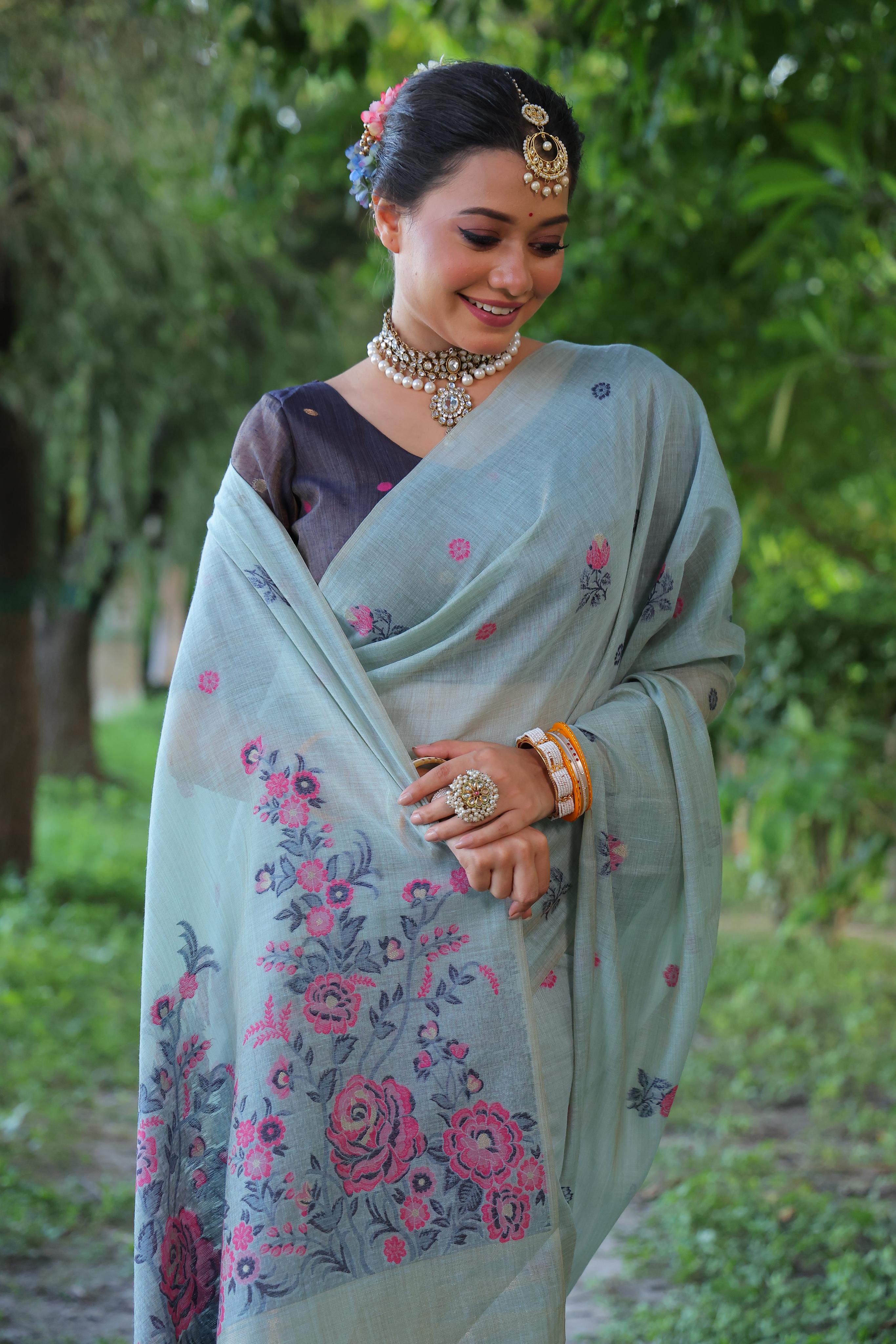 Flower Pattern With Muga Cotton Saree - FIROZI
