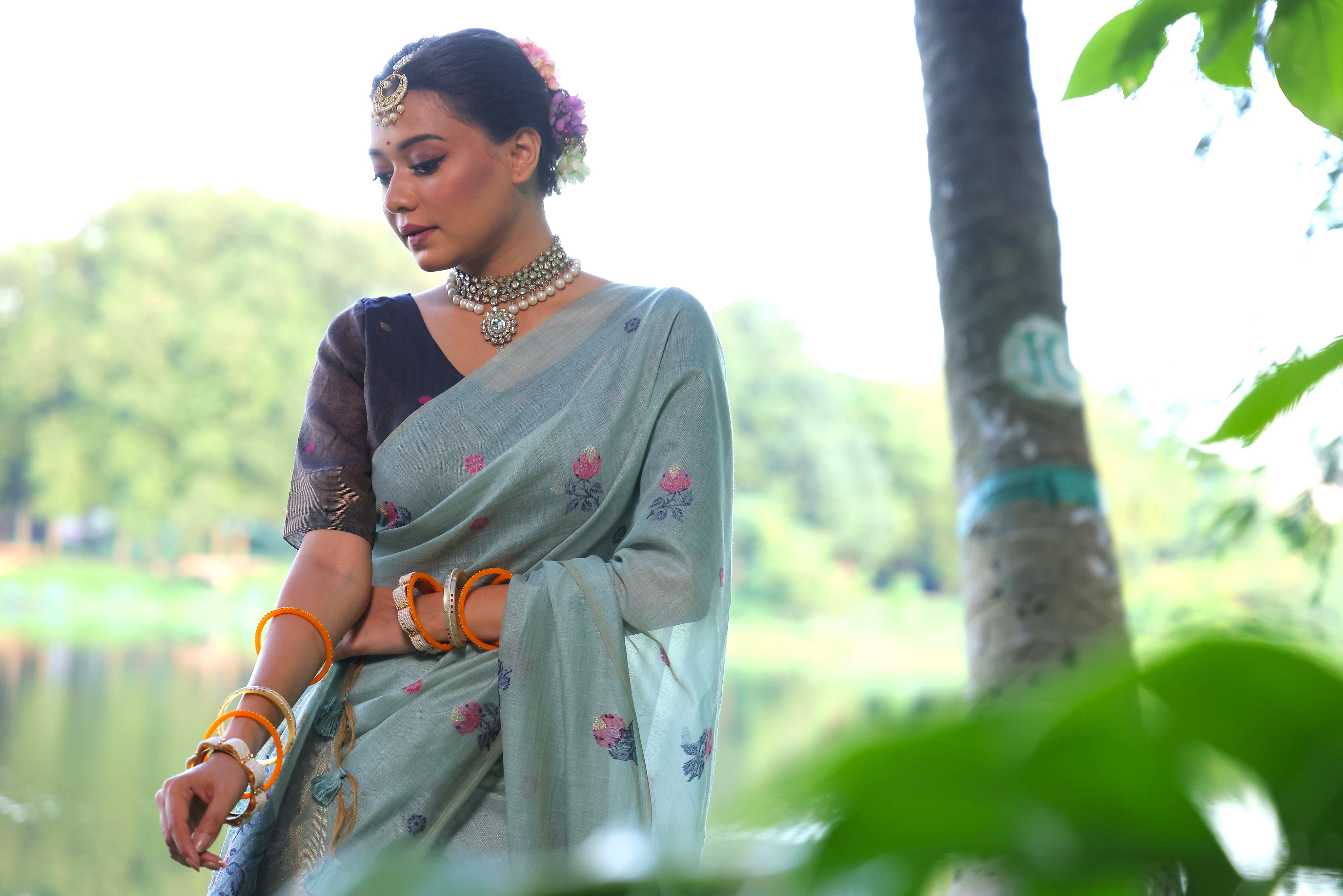 Flower Pattern With Muga Cotton Saree - FIROZI
