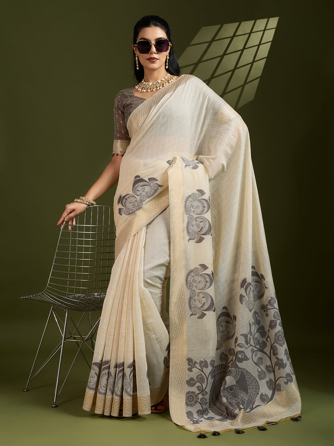 Muga Cotton Saree With Kalamkari Design - BLACK
