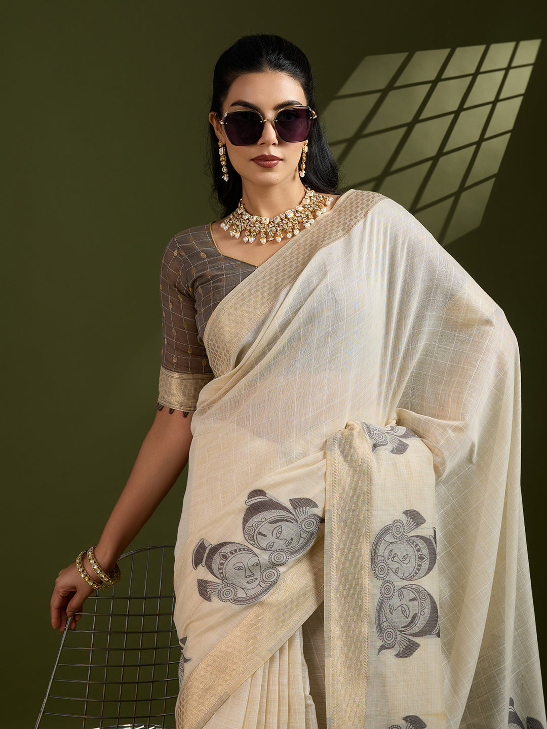 Muga Cotton Saree With Kalamkari Design - BLACK