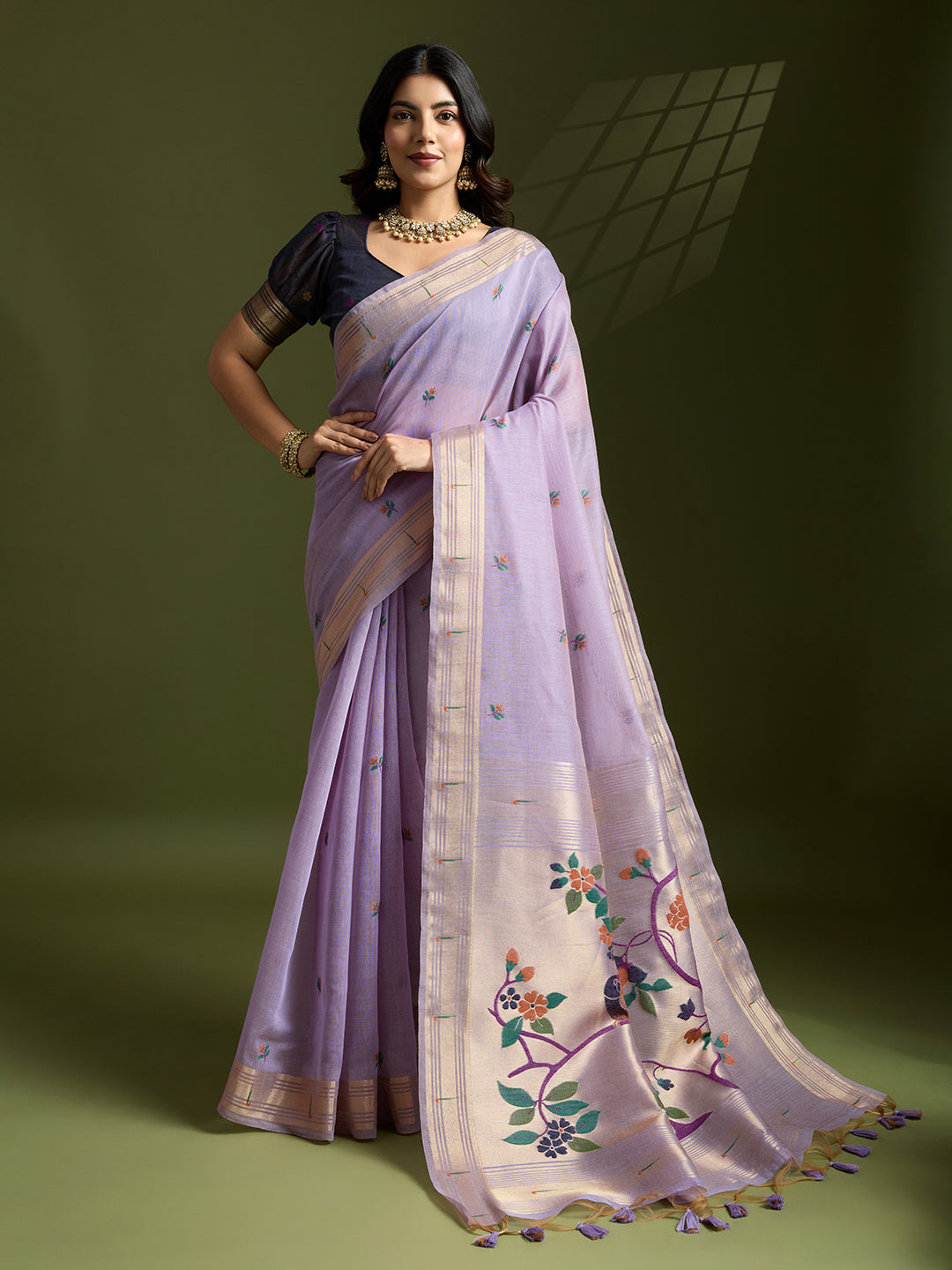 Muga Cotton Saree With Paithani Pallu - PURPLE