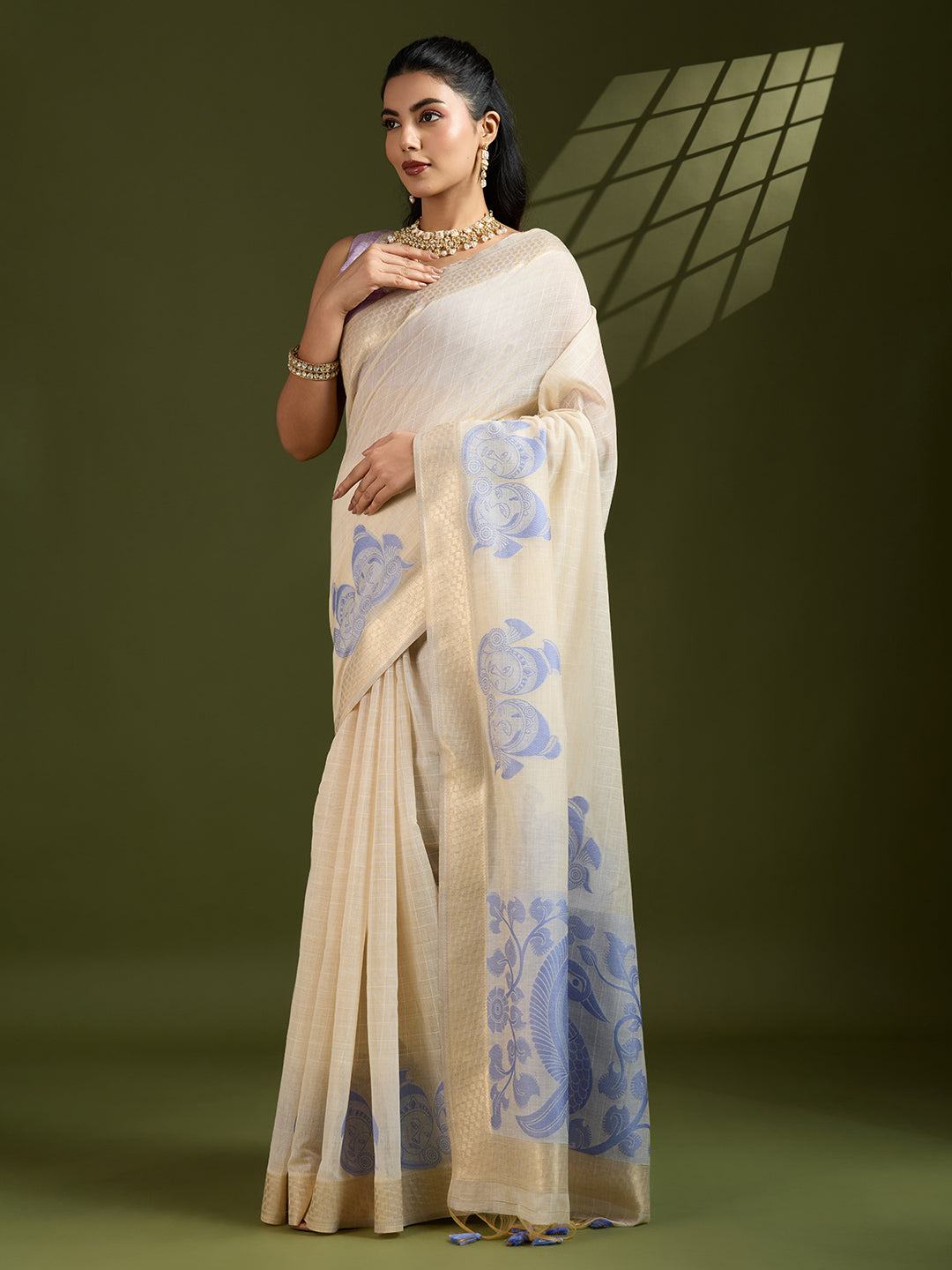 Muga Cotton Saree With Kalamkari Design - R.BLUE
