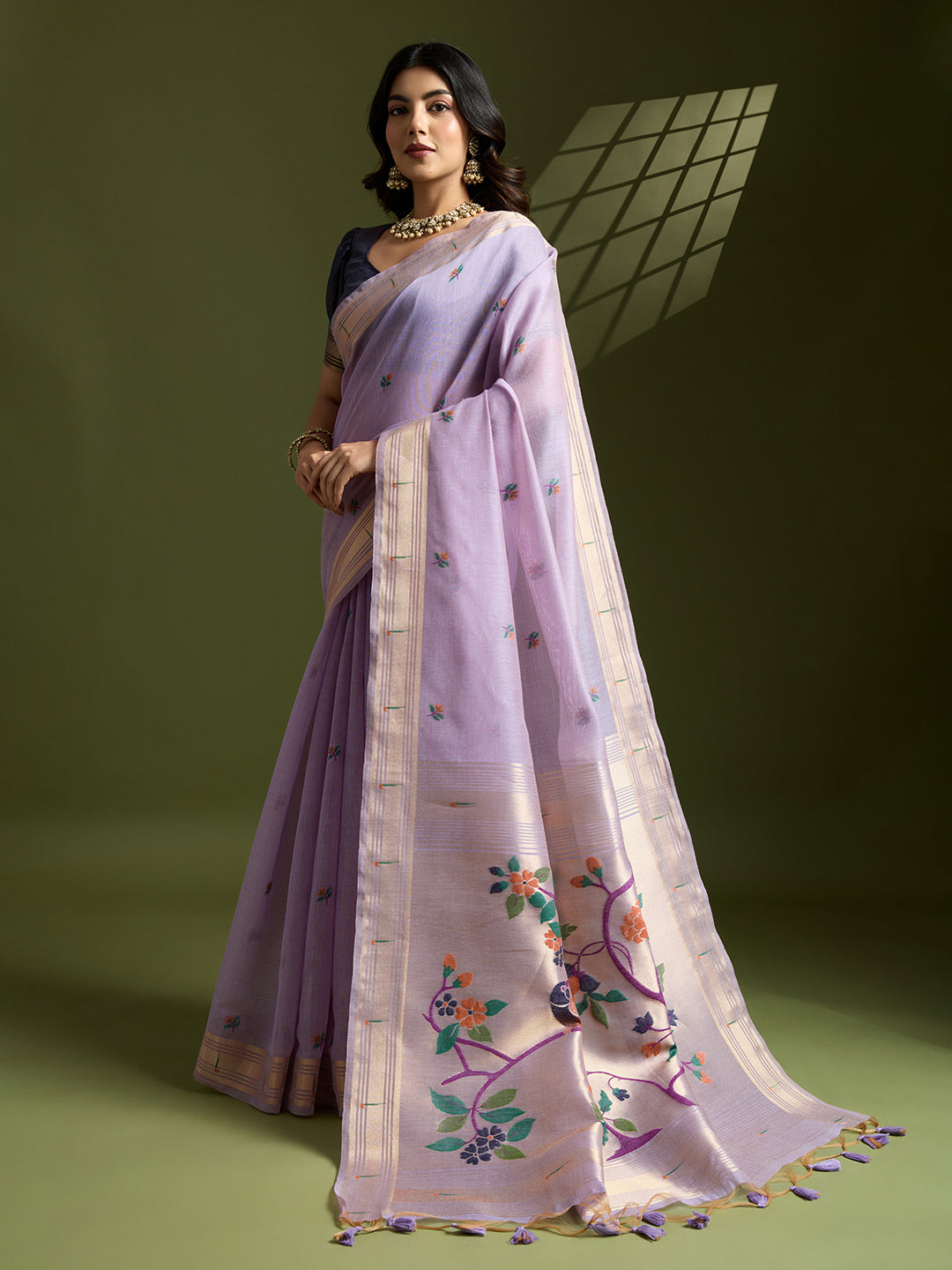 Muga Cotton Saree With Paithani Pallu - PURPLE