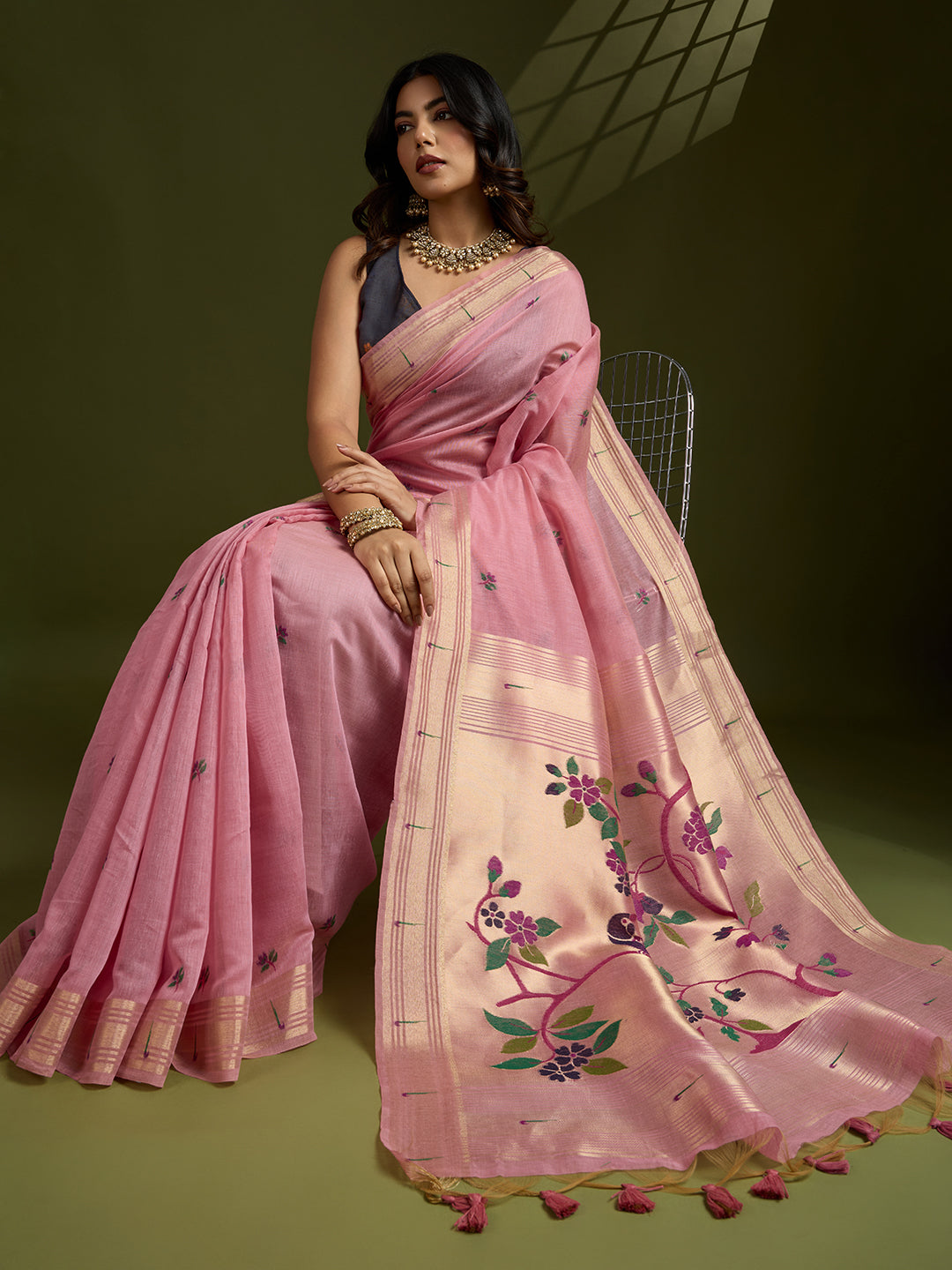 Muga Cotton Saree With Paithani Pallu - PINK