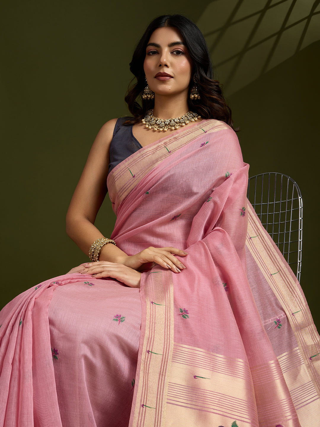 Muga Cotton Saree With Paithani Pallu - PINK