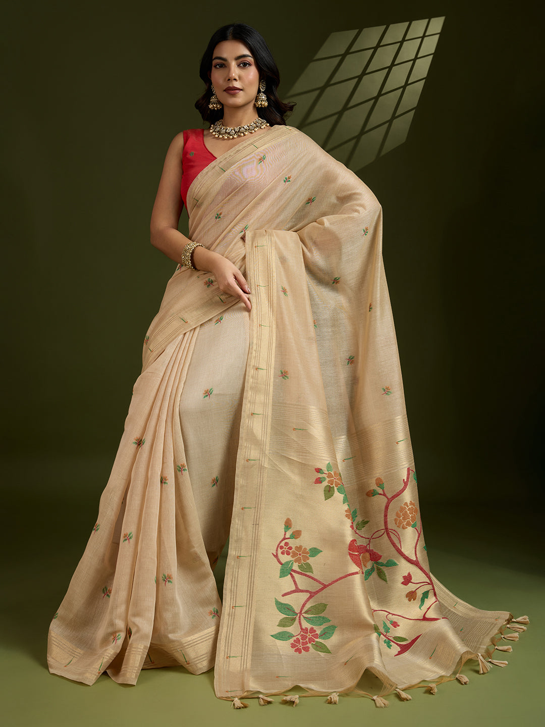 Muga Cotton Saree With Paithani Pallu - CHIKU