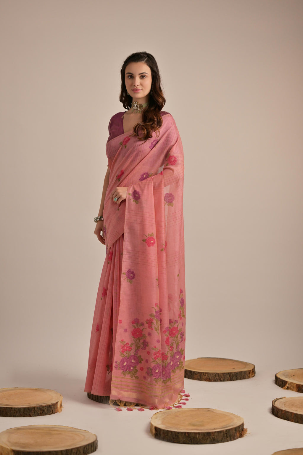 BLUS PINK Muga Cotton Saree With Wine Blouse