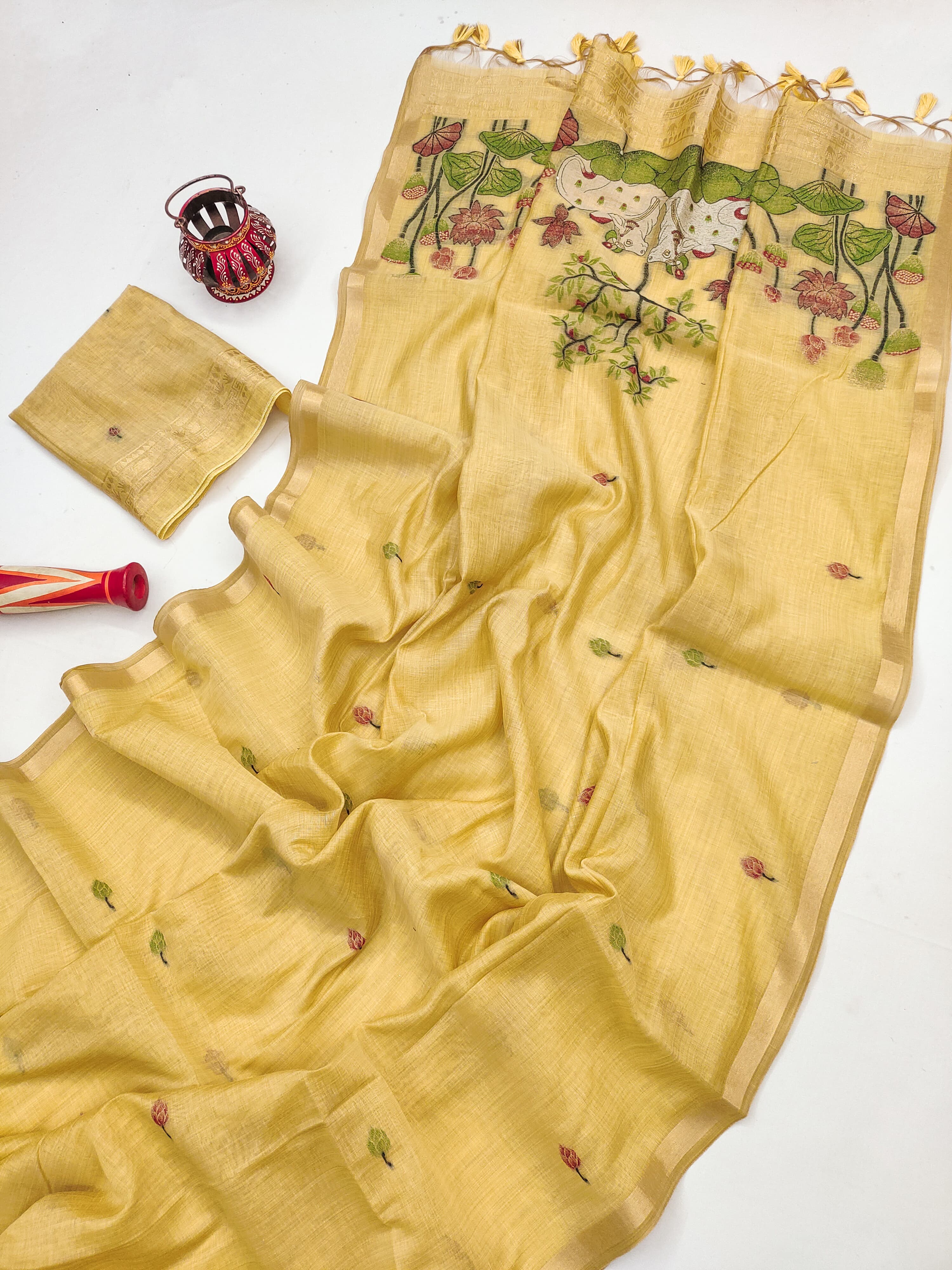 Muga Cotton Saree With Designer Pichwai Pallu - YELLOW