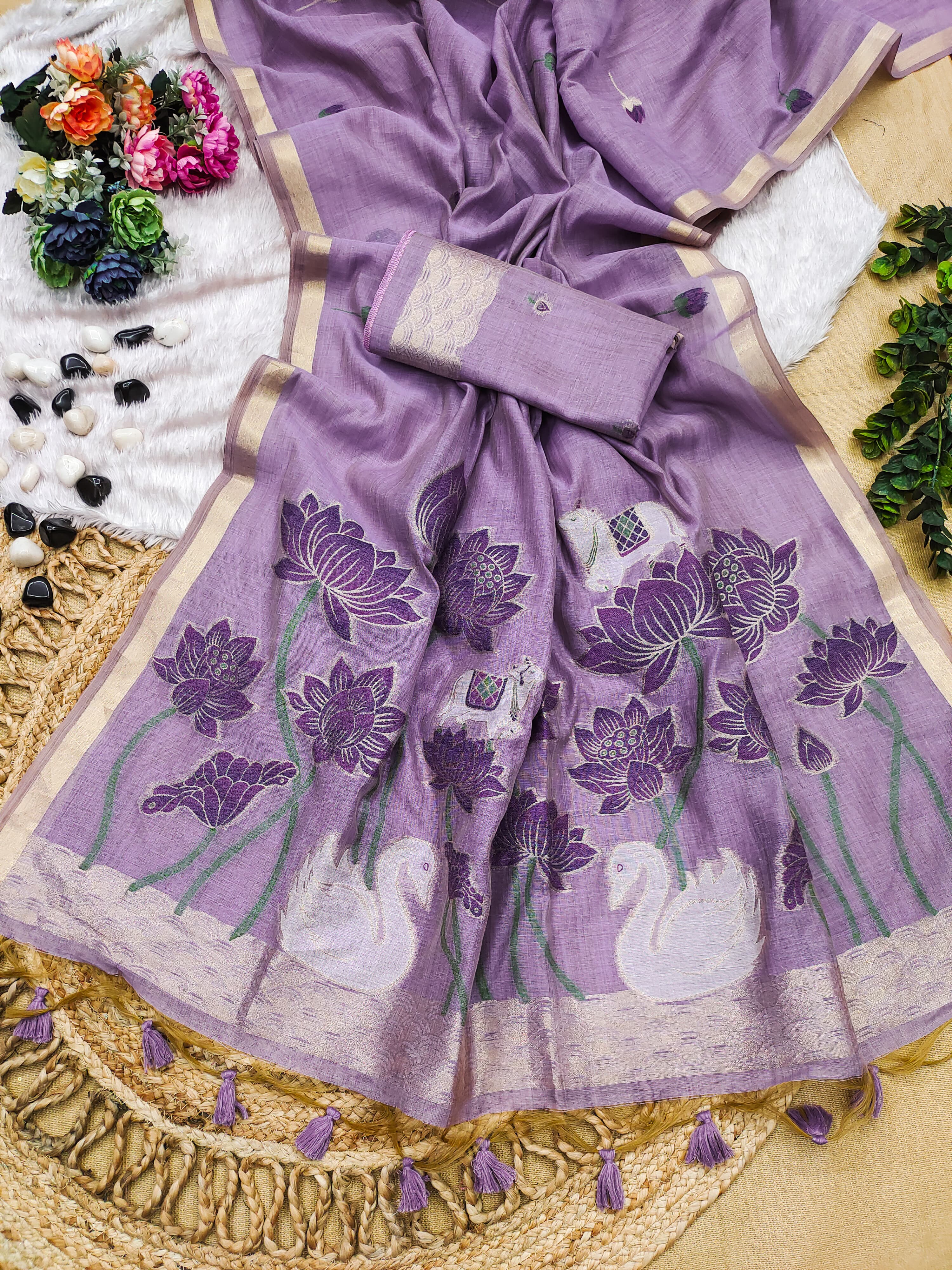 Muga Cotton Saree With Hans Lotus Design - Lavender