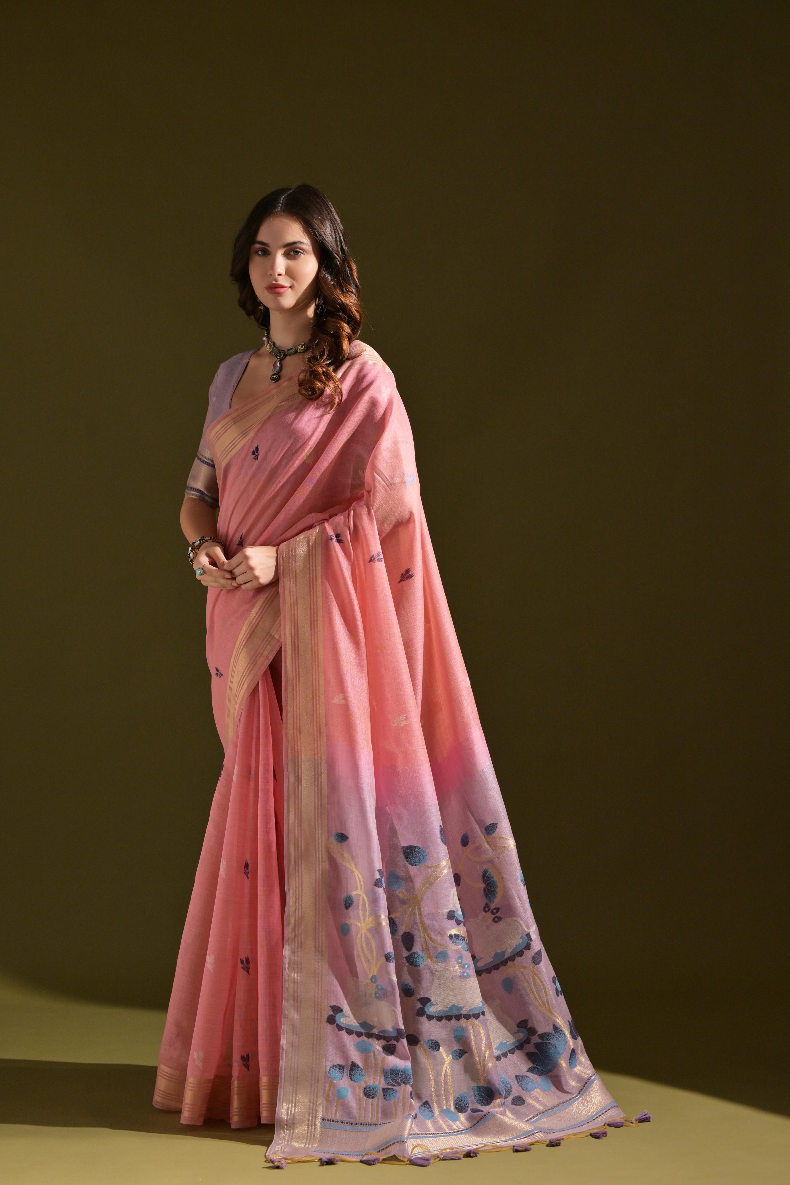 Muga Cotton Saree With Pichwai Pallu - PINK