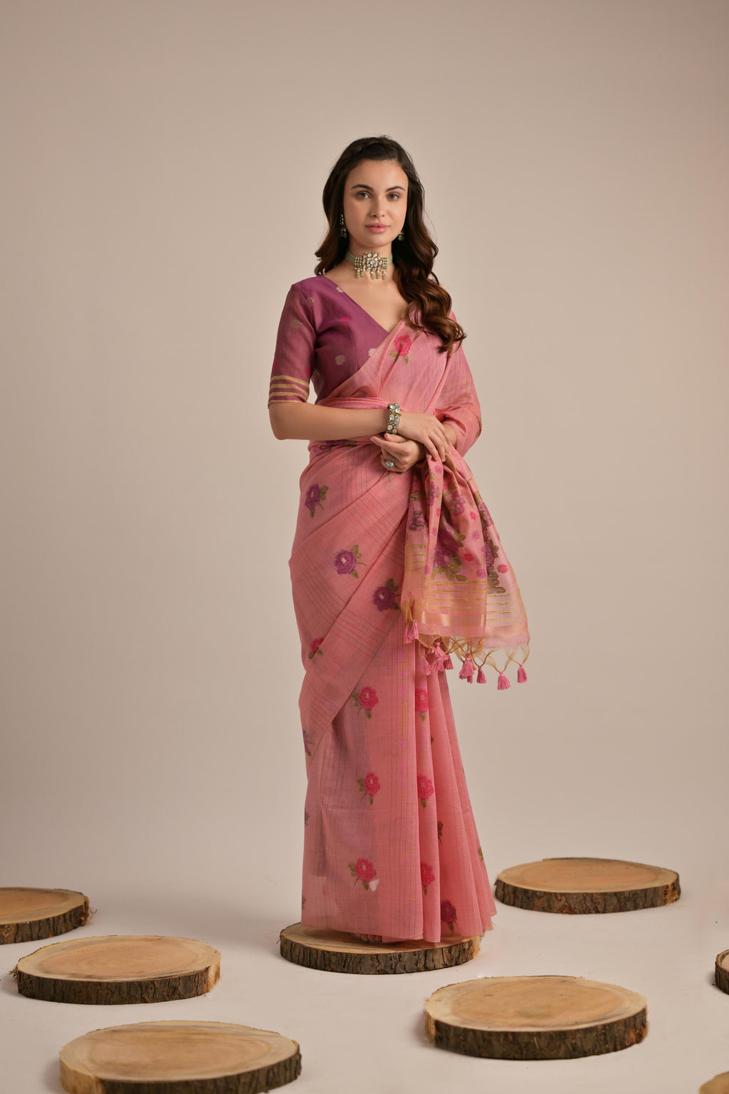BLUS PINK Muga Cotton Saree With Wine Blouse