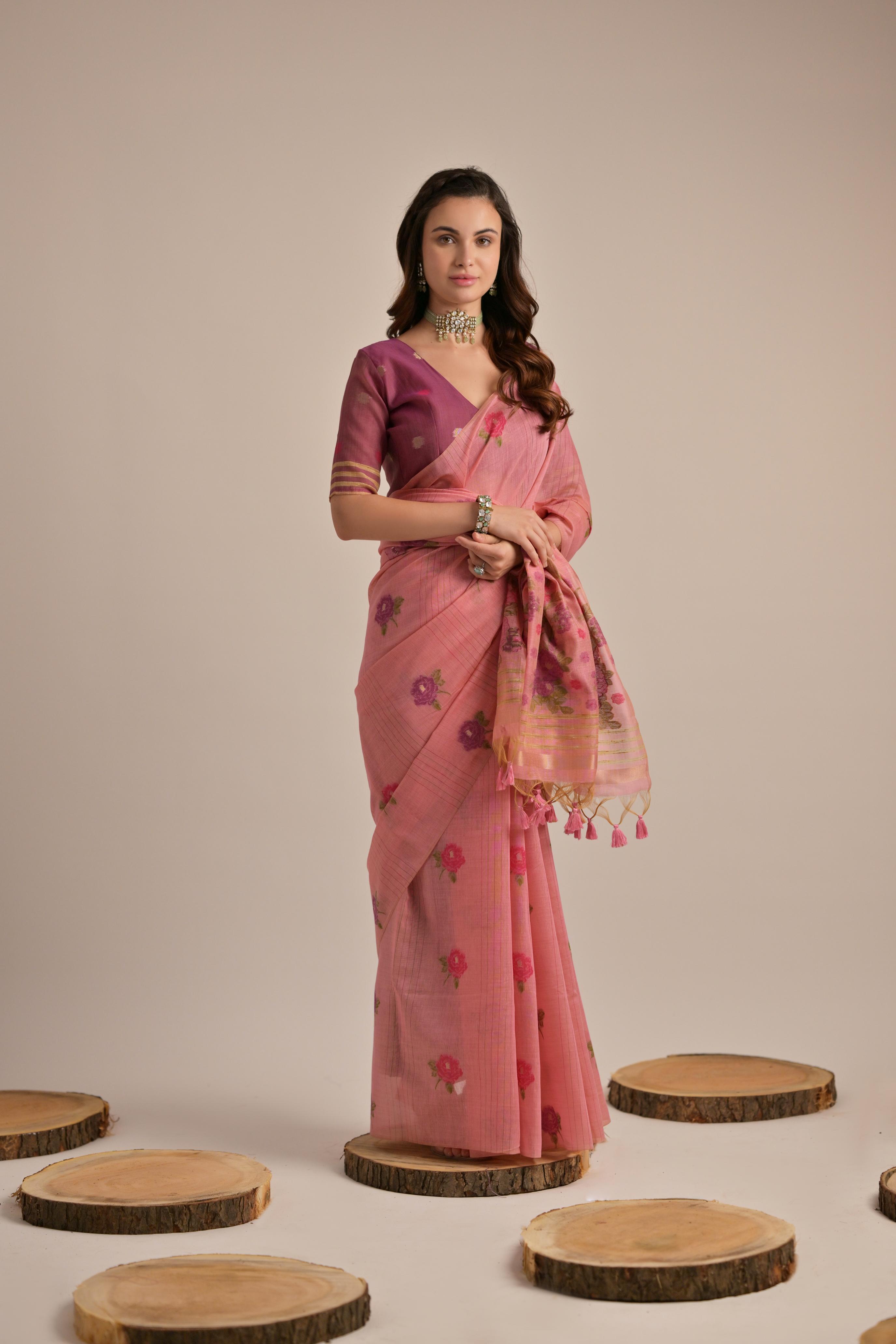 BLUS PINK Muga Cotton Saree With Wine Blouse