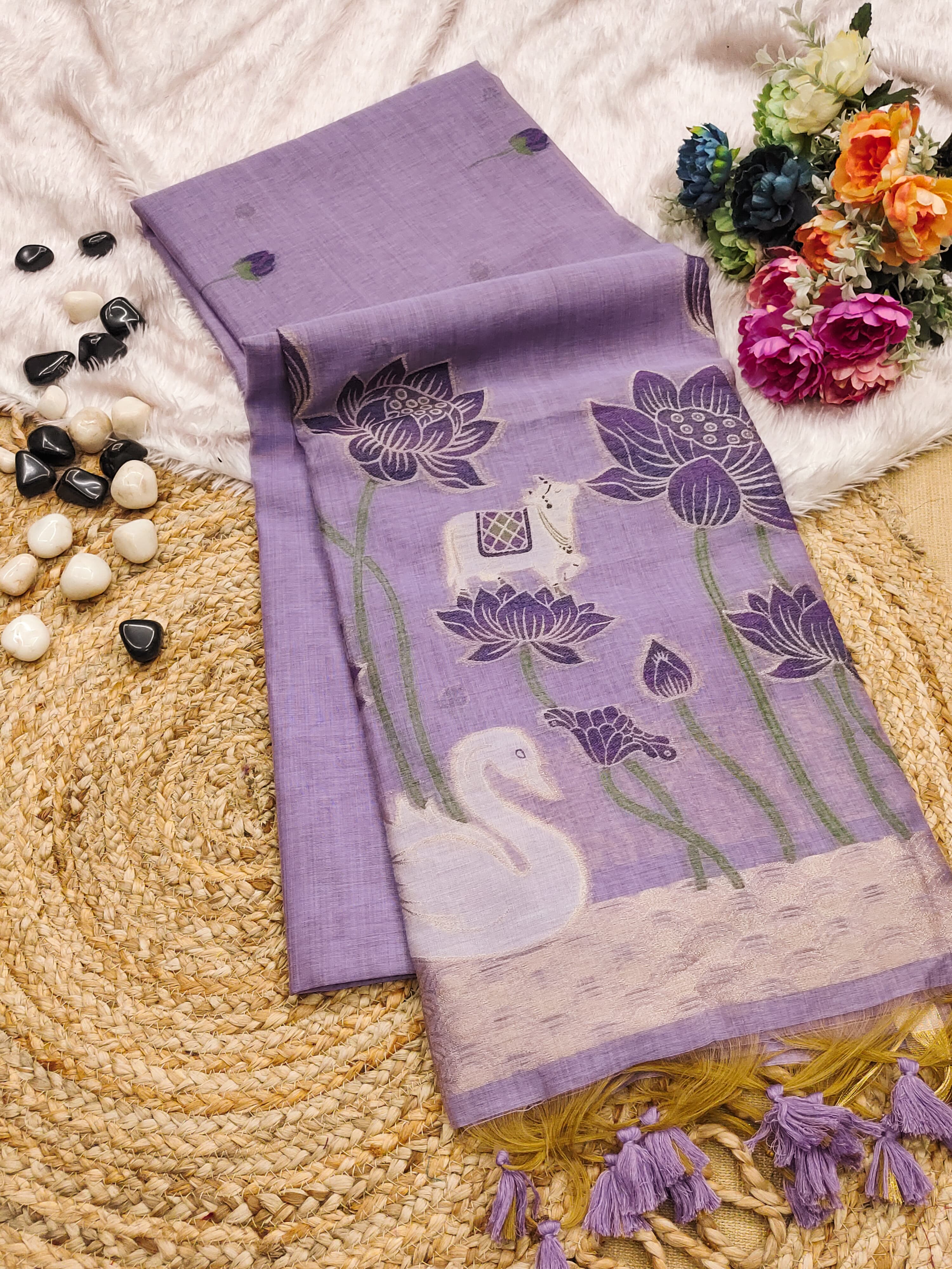 Muga Cotton Saree With Hans Lotus Design - Lavender