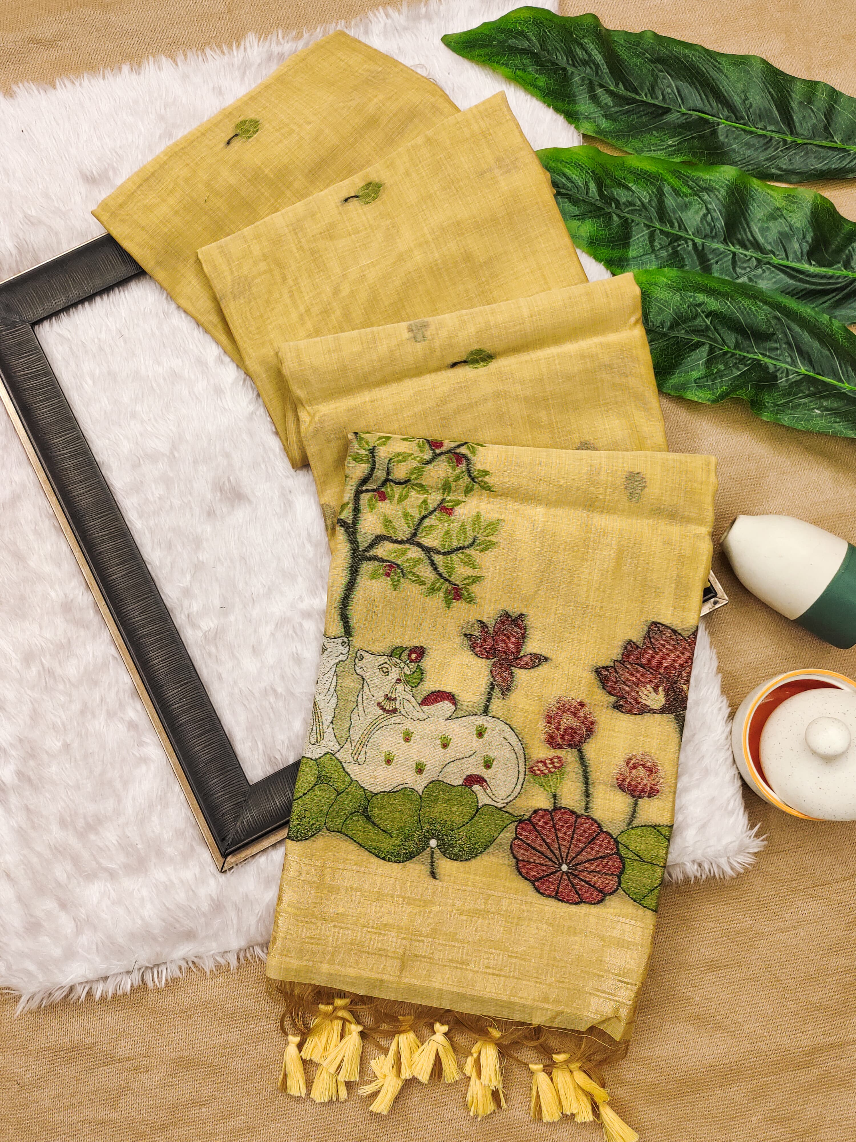 Muga Cotton Saree With Designer Pichwai Pallu - YELLOW