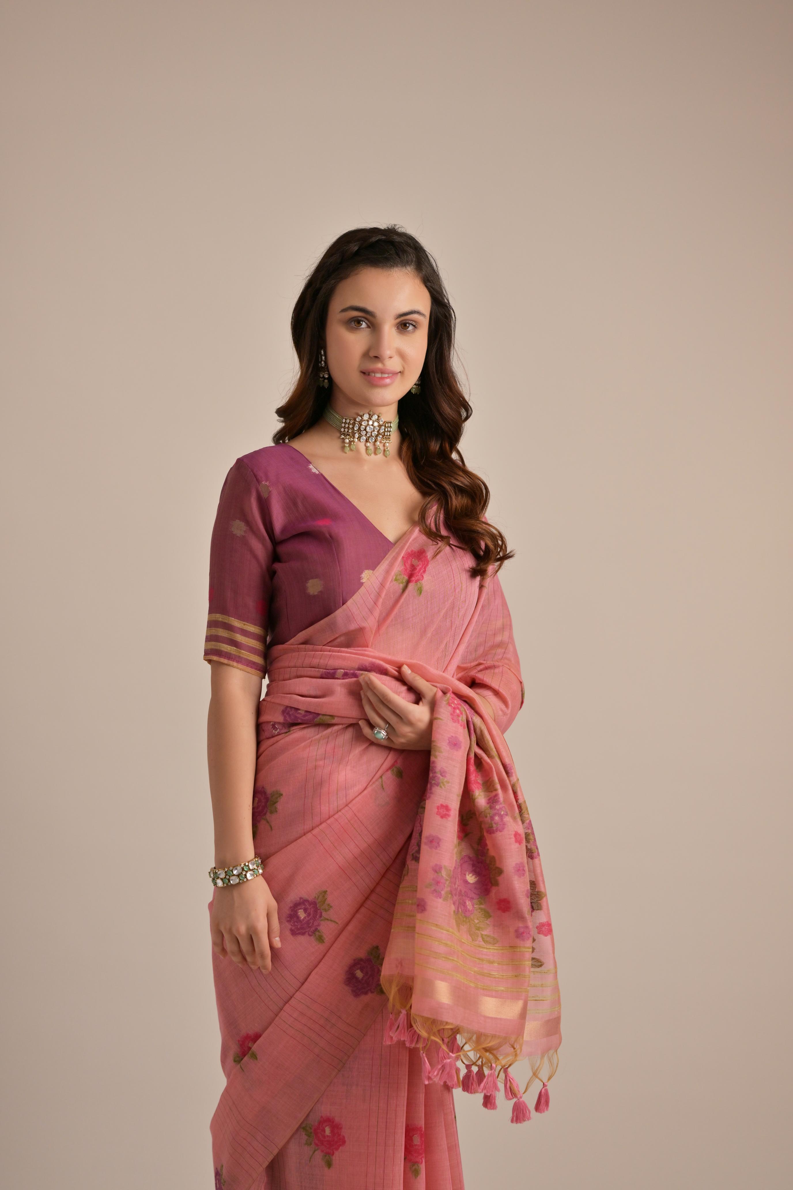BLUS PINK Muga Cotton Saree With Wine Blouse