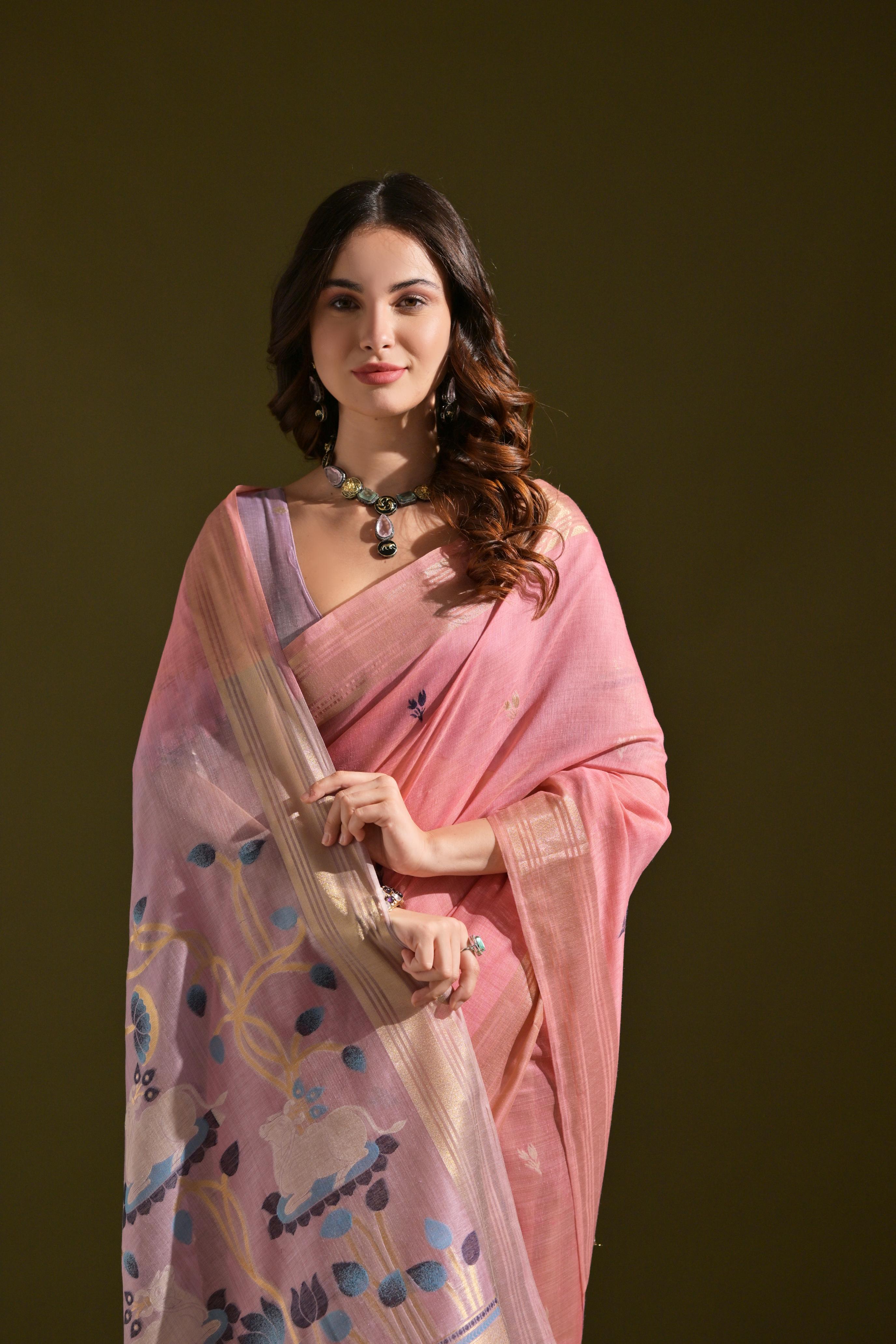 Muga Cotton Saree With Pichwai Pallu - PINK