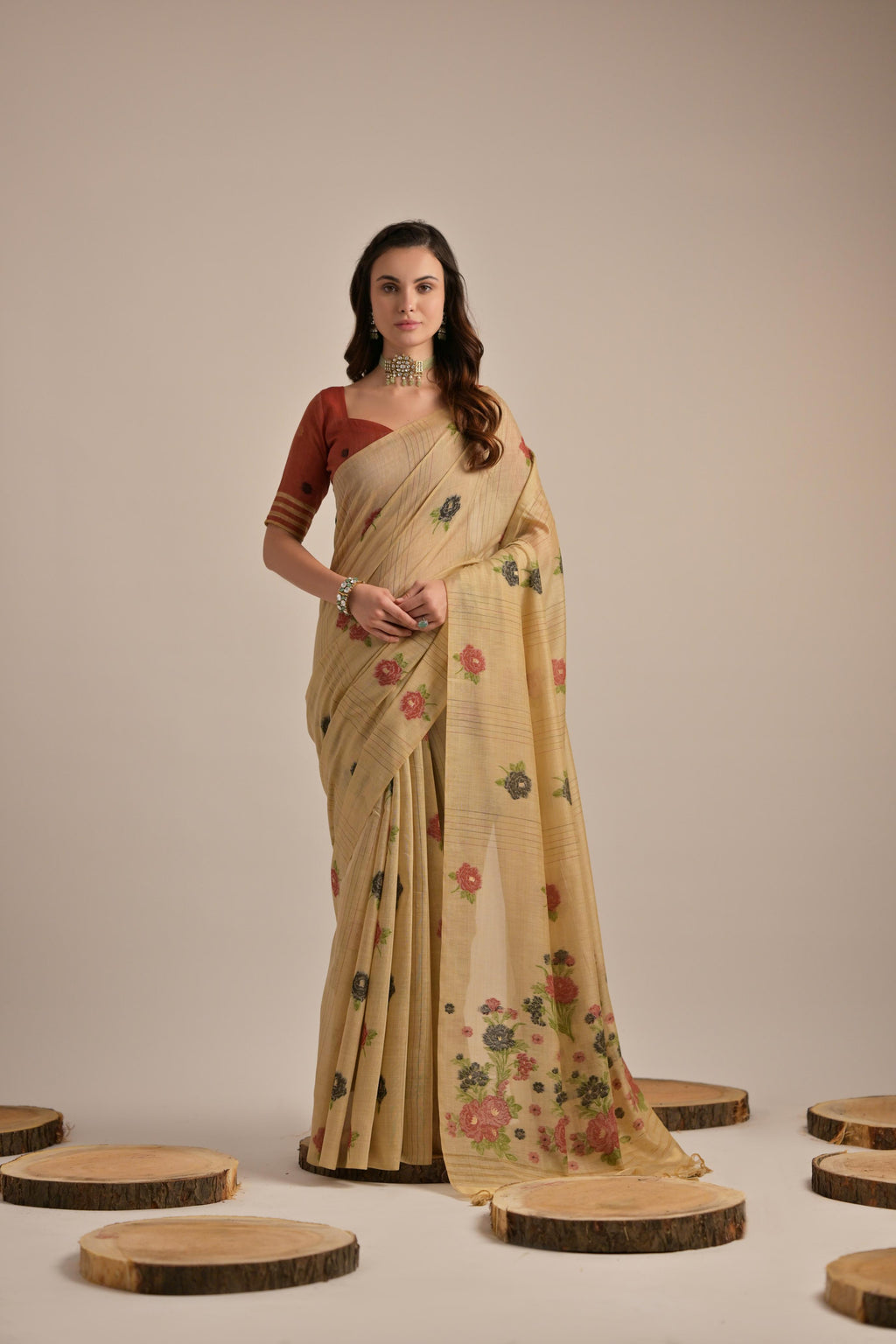 Chiku Muga Cotton Saree With Maroon Blouse