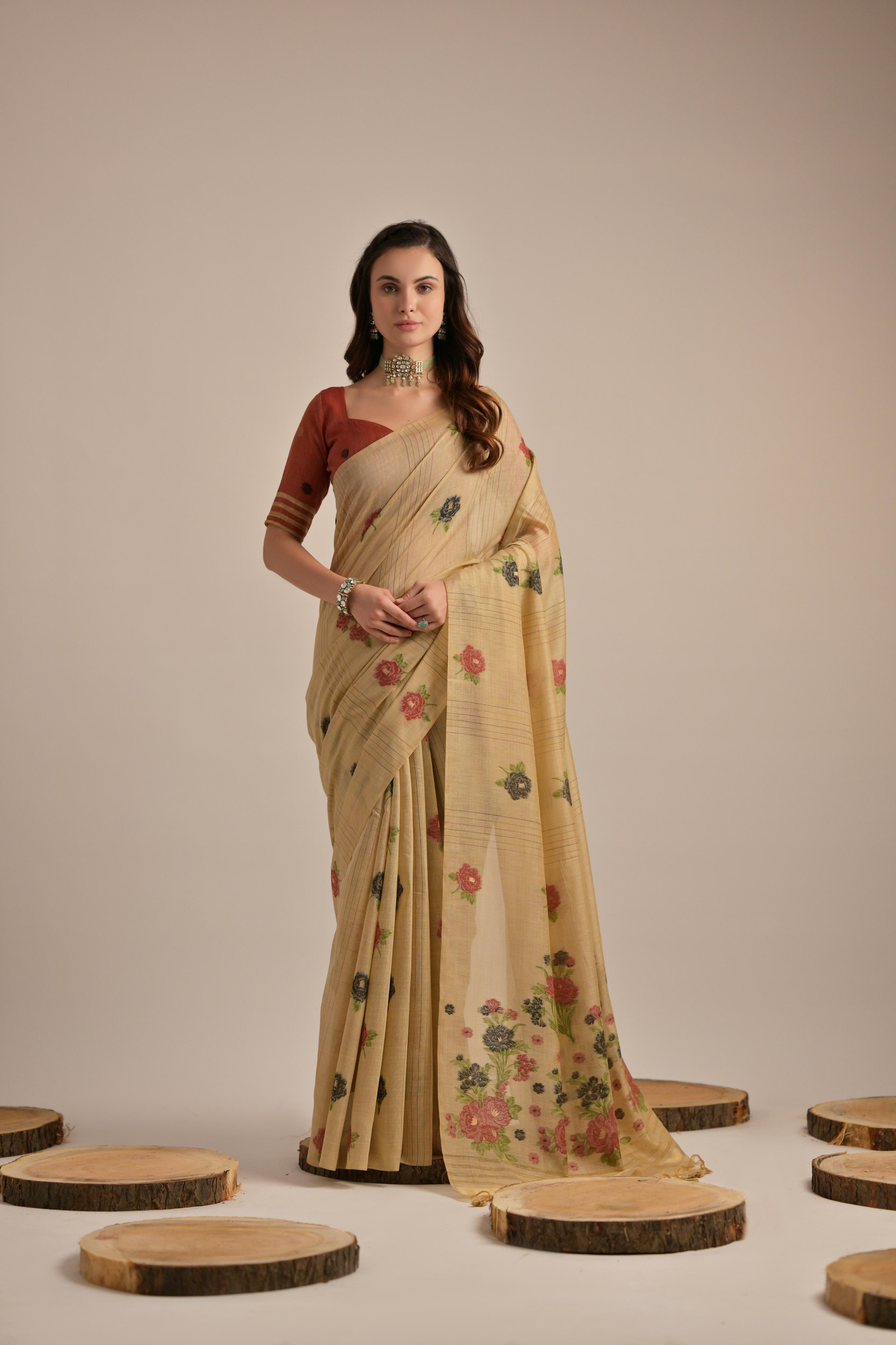 Chiku Muga Cotton Saree With Maroon Blouse