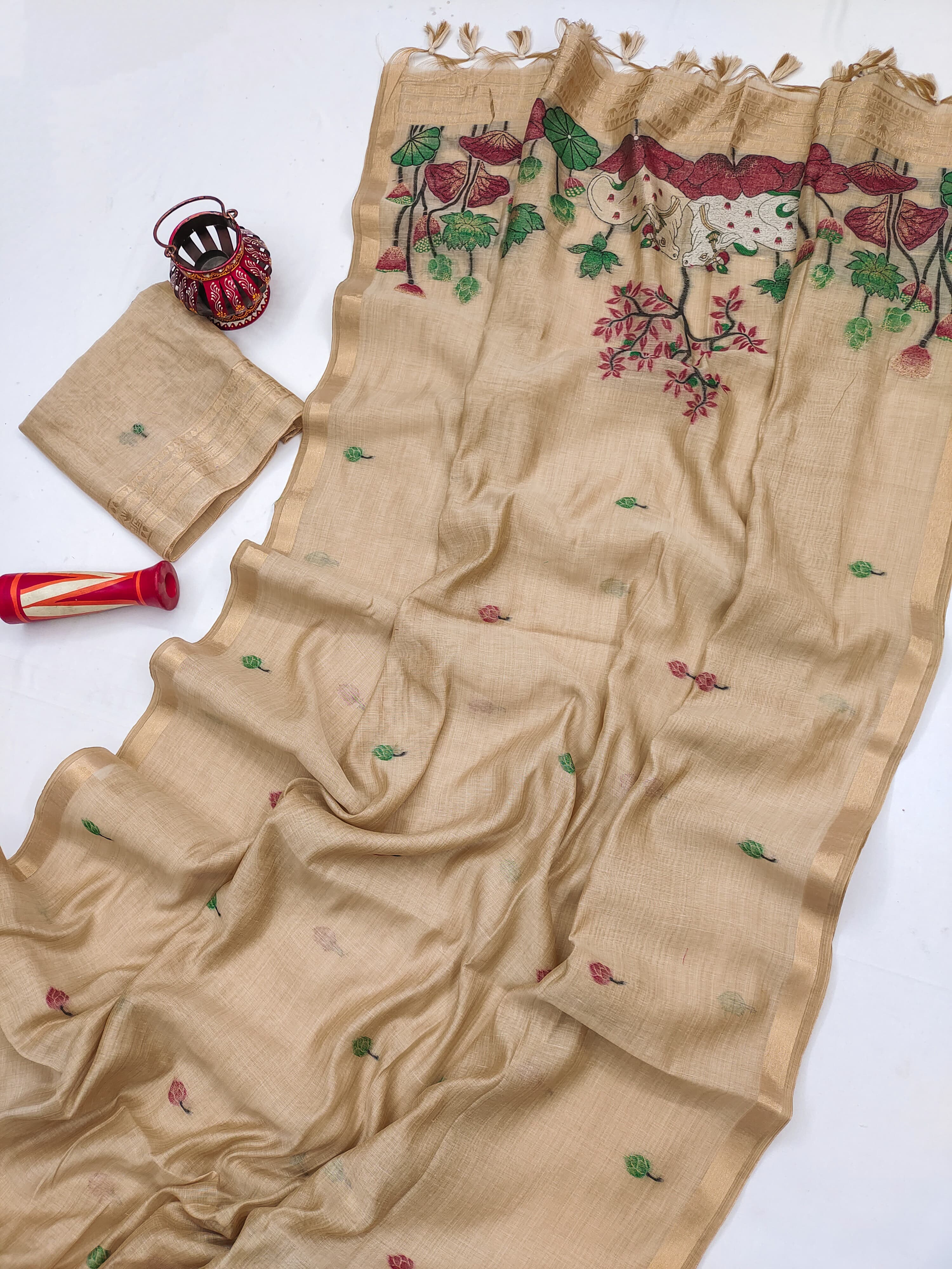 Muga Cotton Saree With Designer Pichwai Pallu - CHIKU