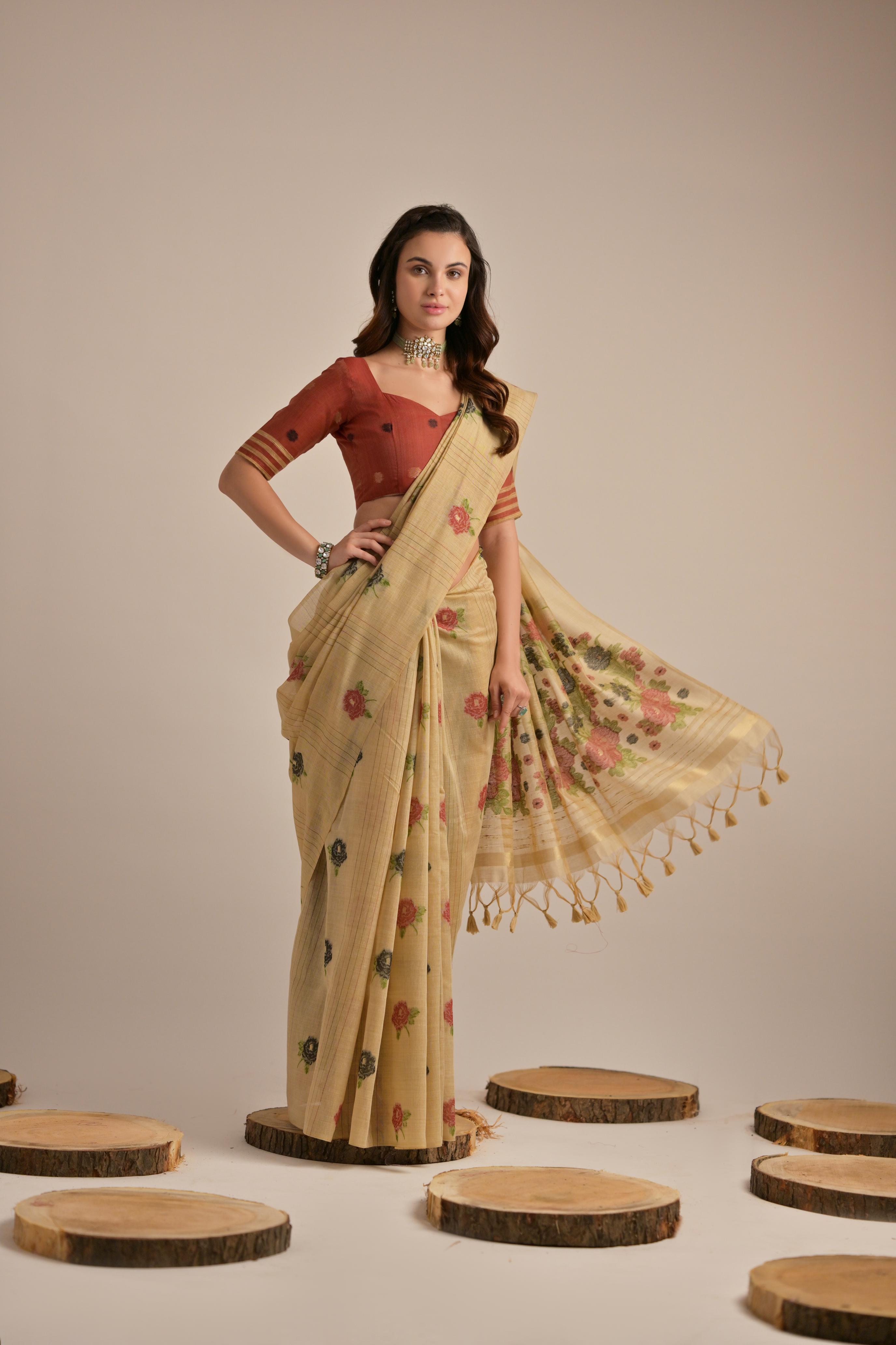 Chiku Muga Cotton Saree With Maroon Blouse