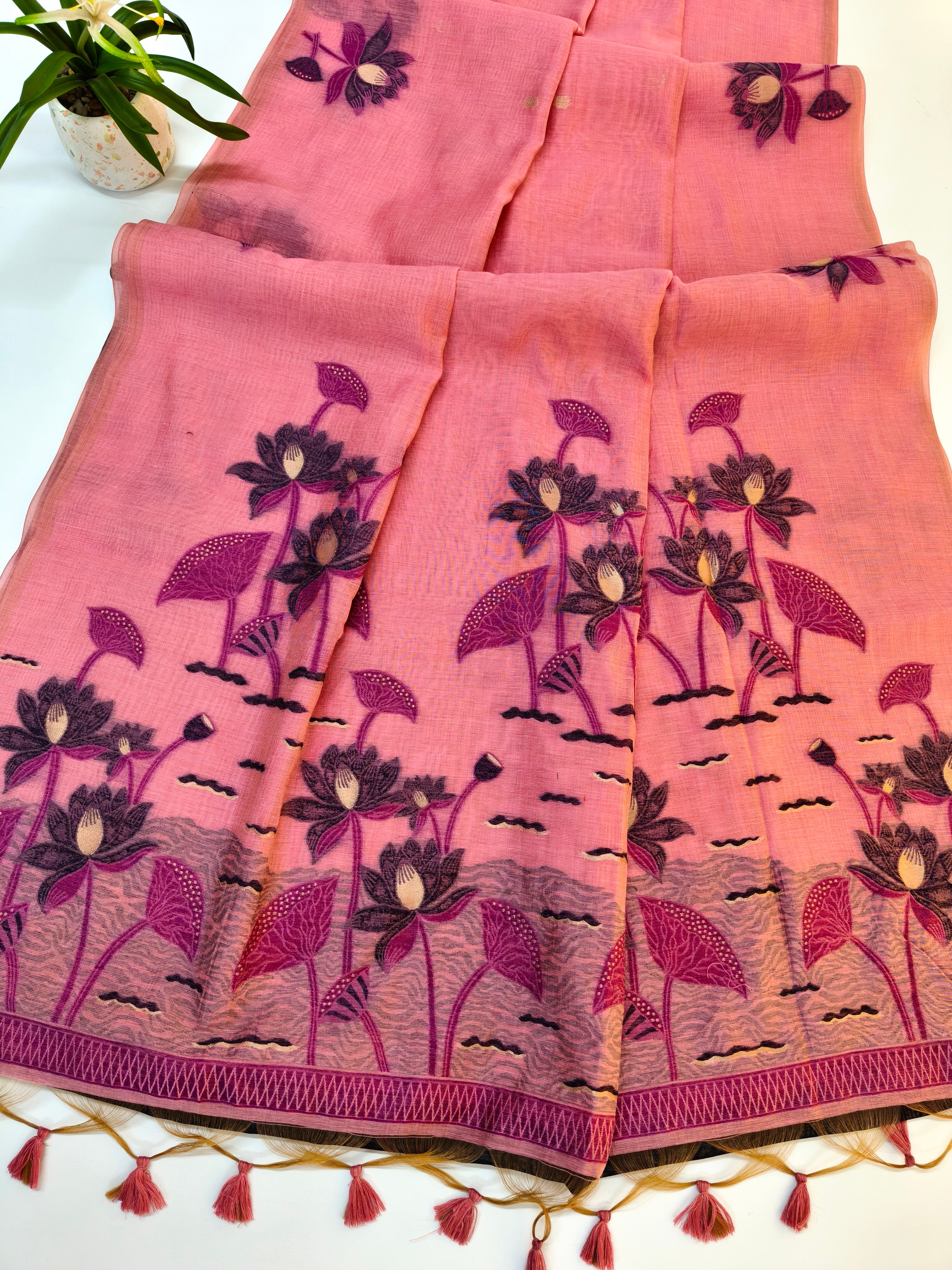 Muga Cotton Saree With Classic Pichwai Pattern - PINK