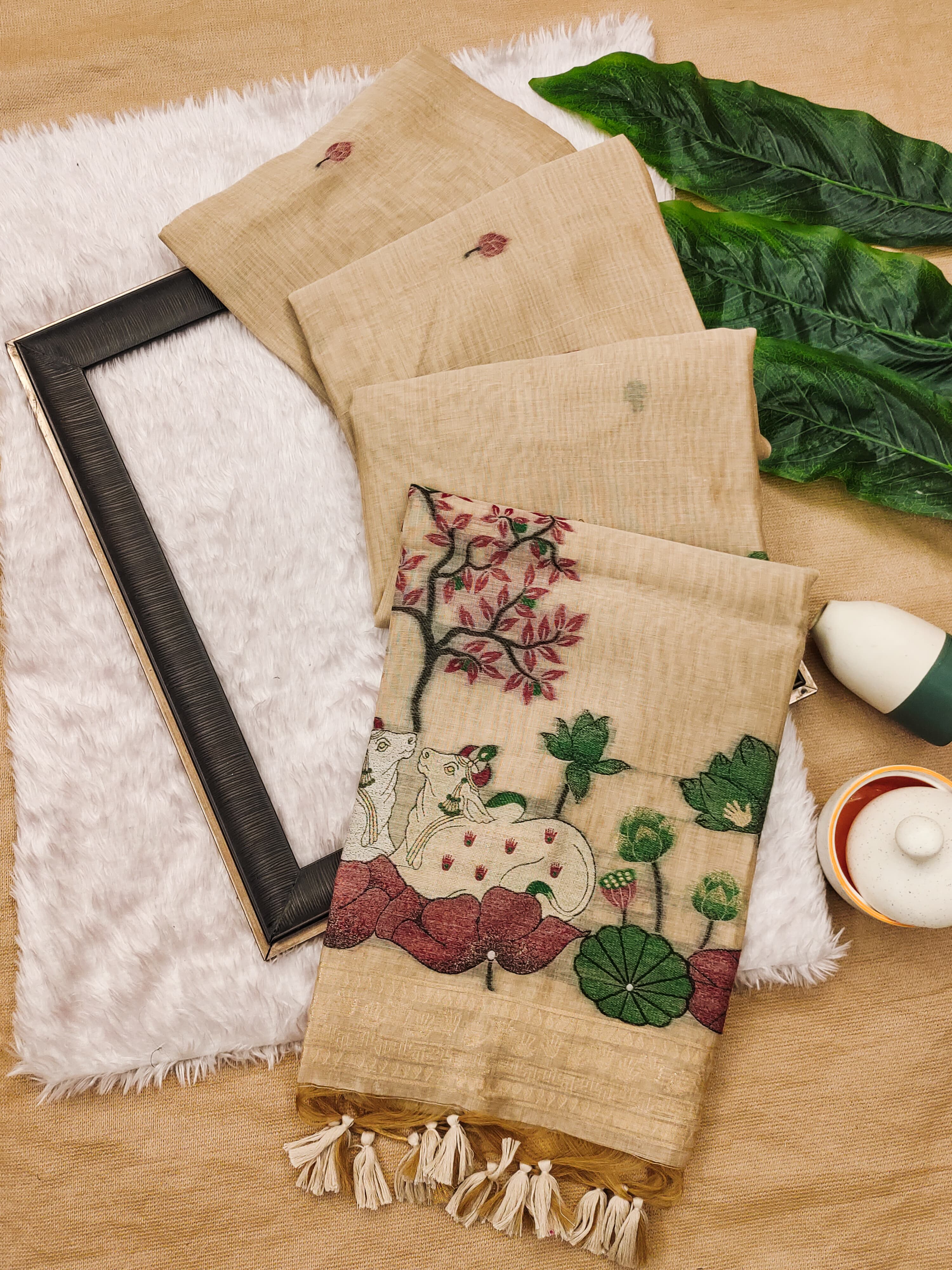 Muga Cotton Saree With Designer Pichwai Pallu - CHIKU