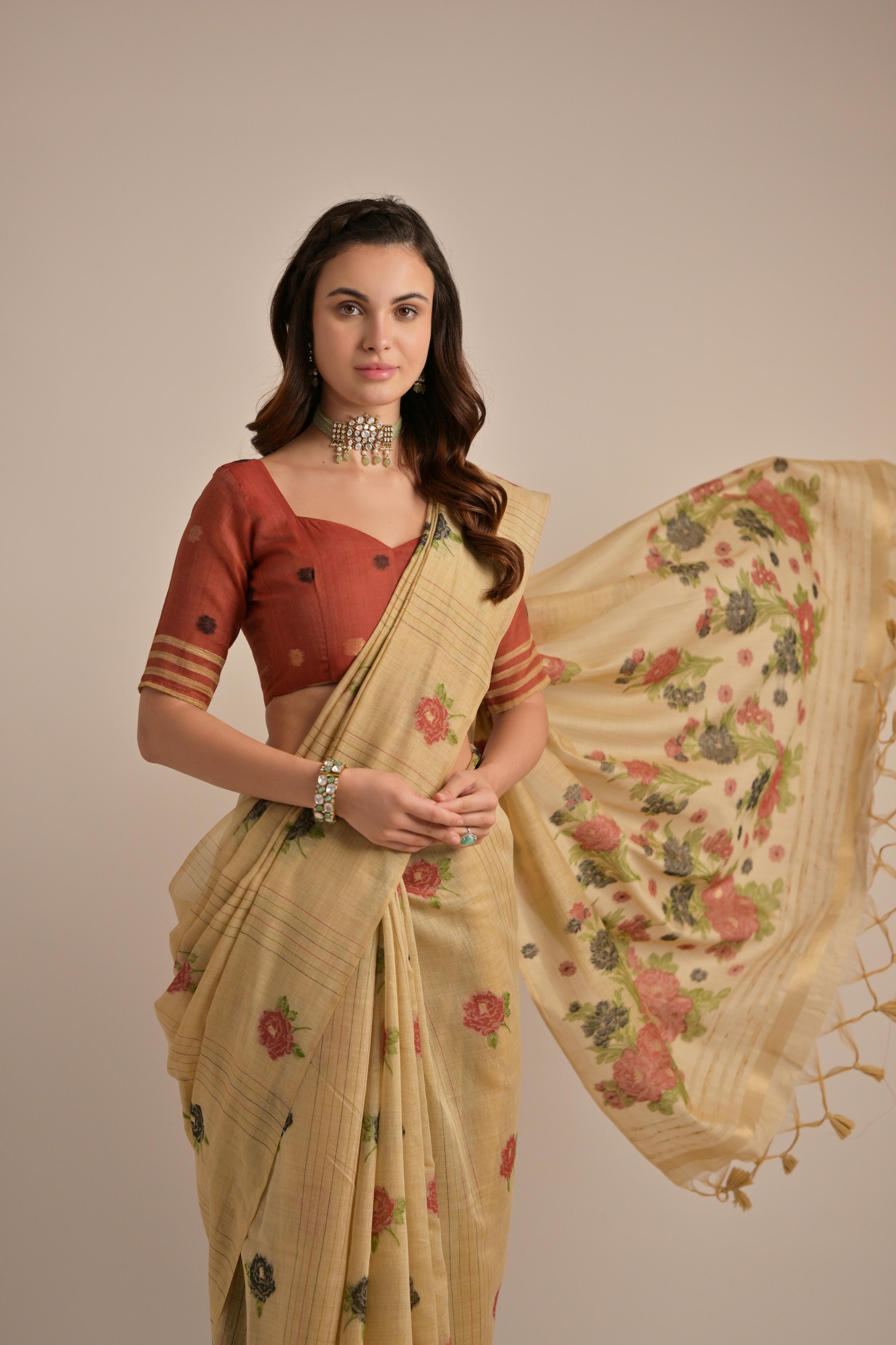 Chiku Muga Cotton Saree With Maroon Blouse