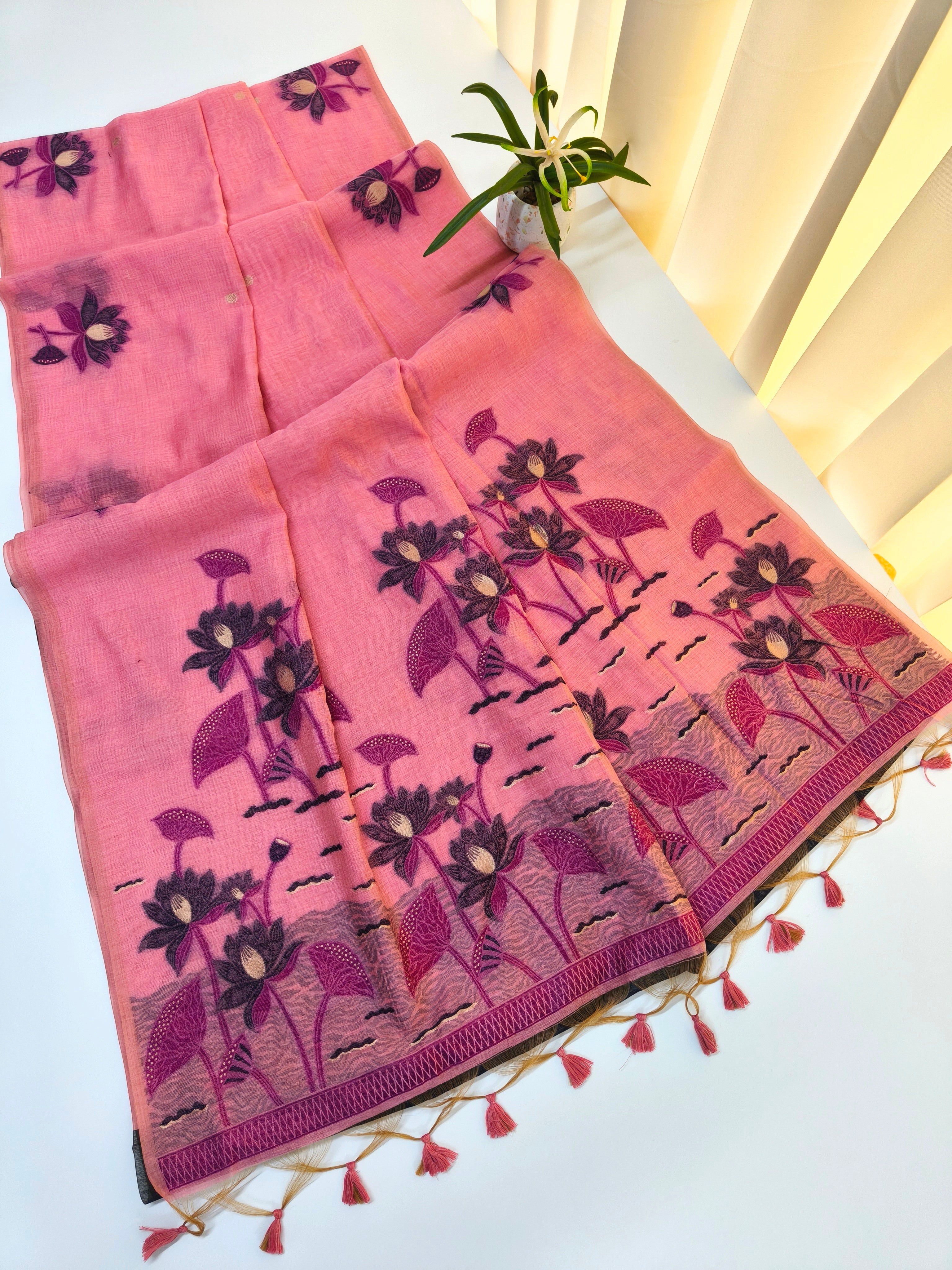 Muga Cotton Saree With Classic Pichwai Pattern - PINK