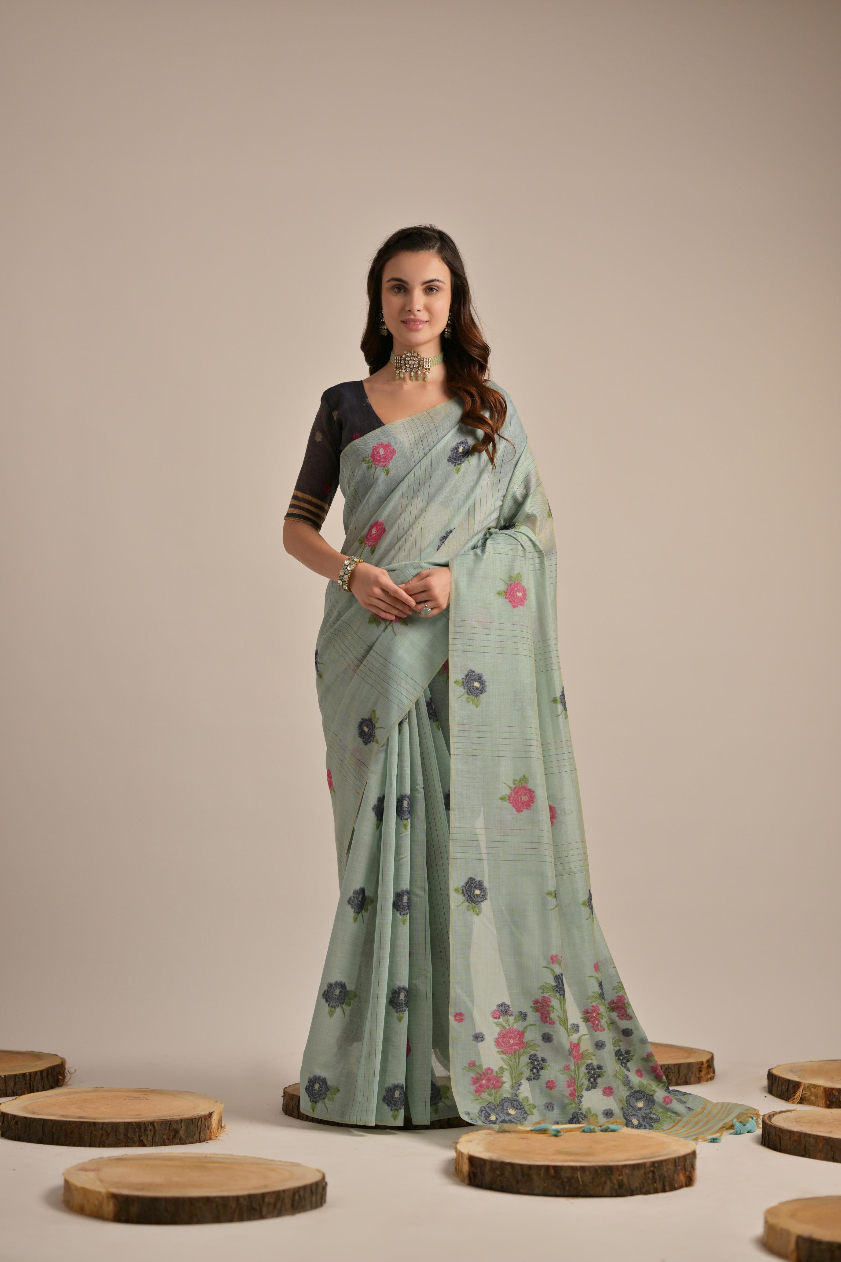 Firozi Muga Cotton Saree With Blue Blouse