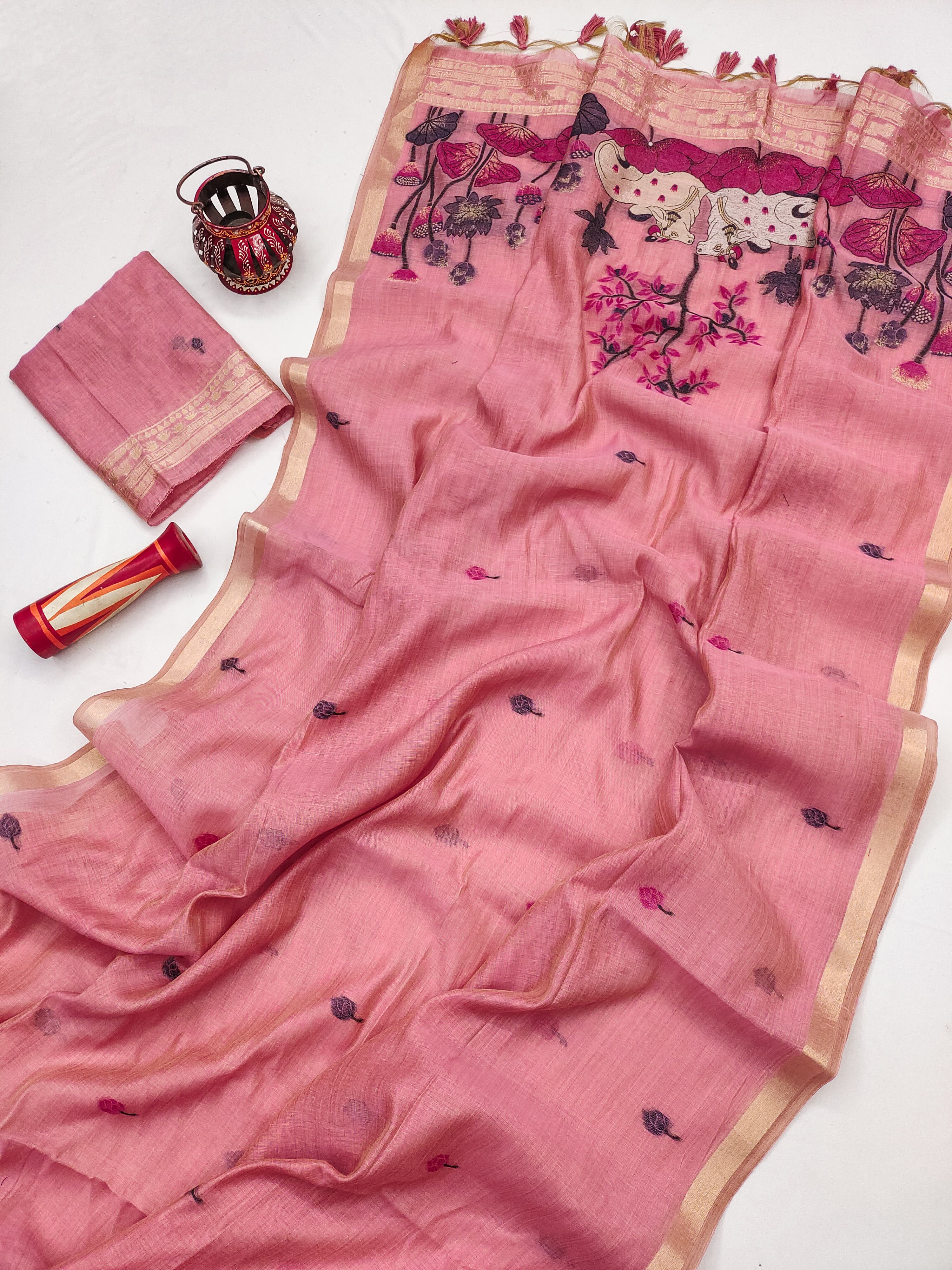 Muga Cotton Saree With Designer Pichwai Pallu - PINK