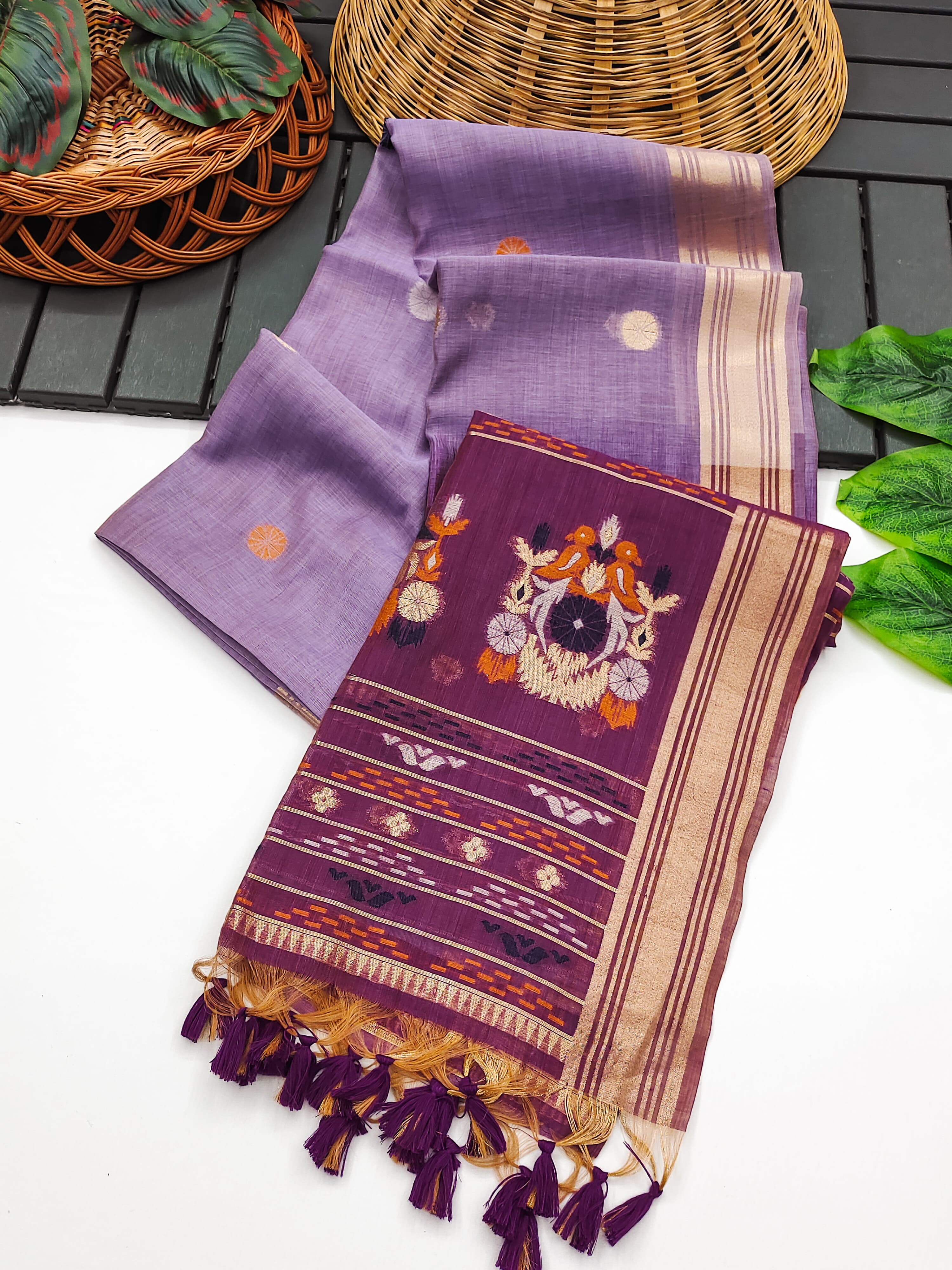 Muga Cotton Saree With Floral Design - LAVENDER
