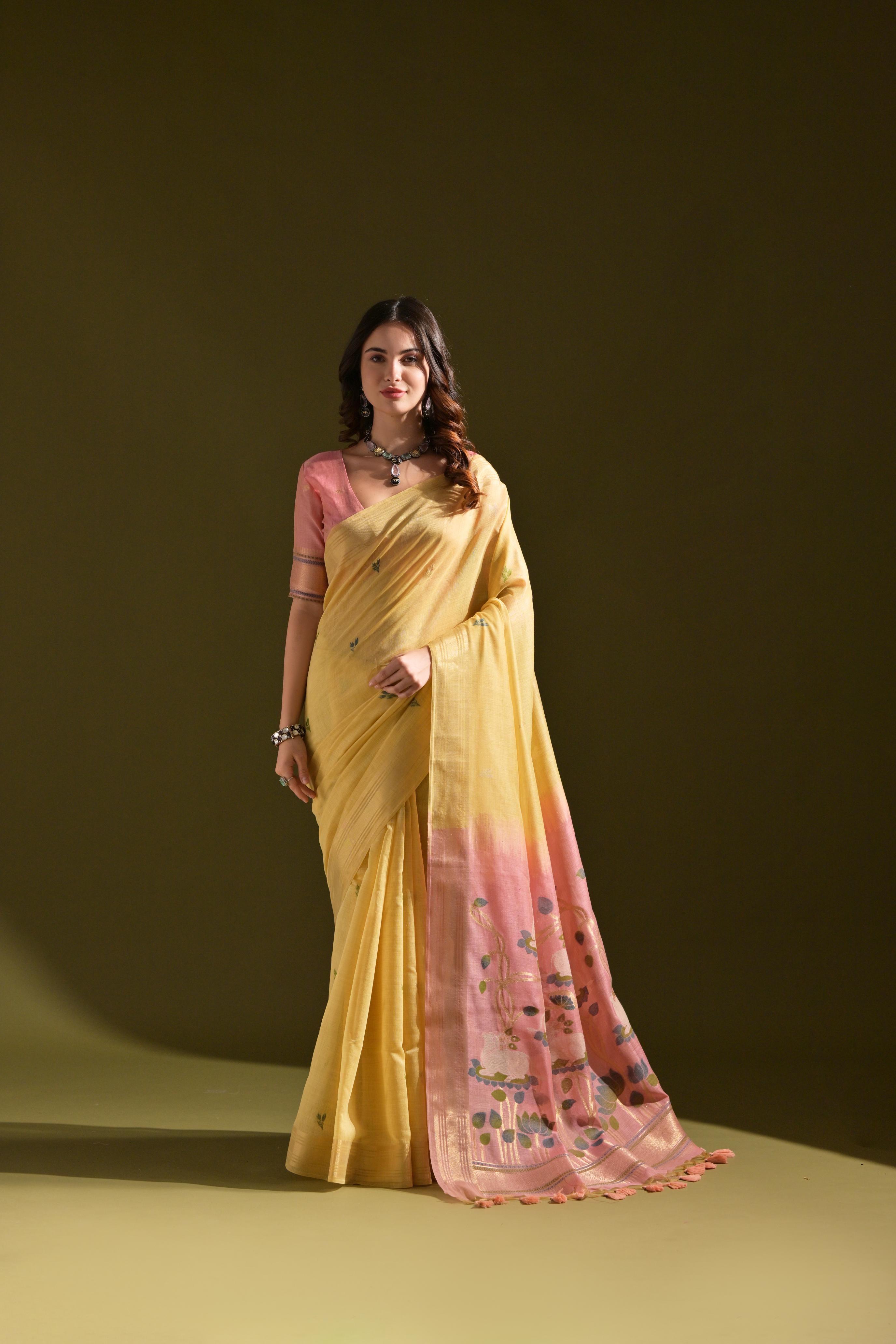 Muga Cotton Saree With Pichwai Pallu - YELLOW