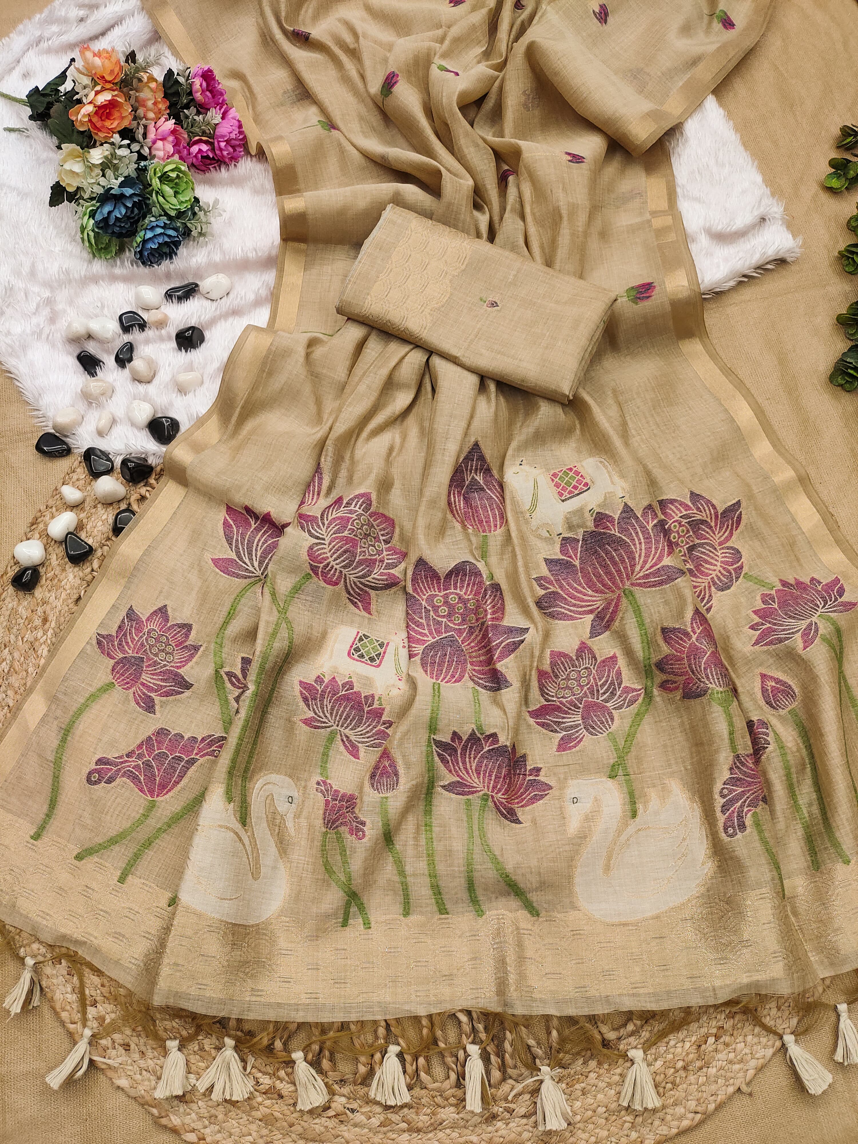 Muga Cotton Saree With Hans Lotus Design - Chiku